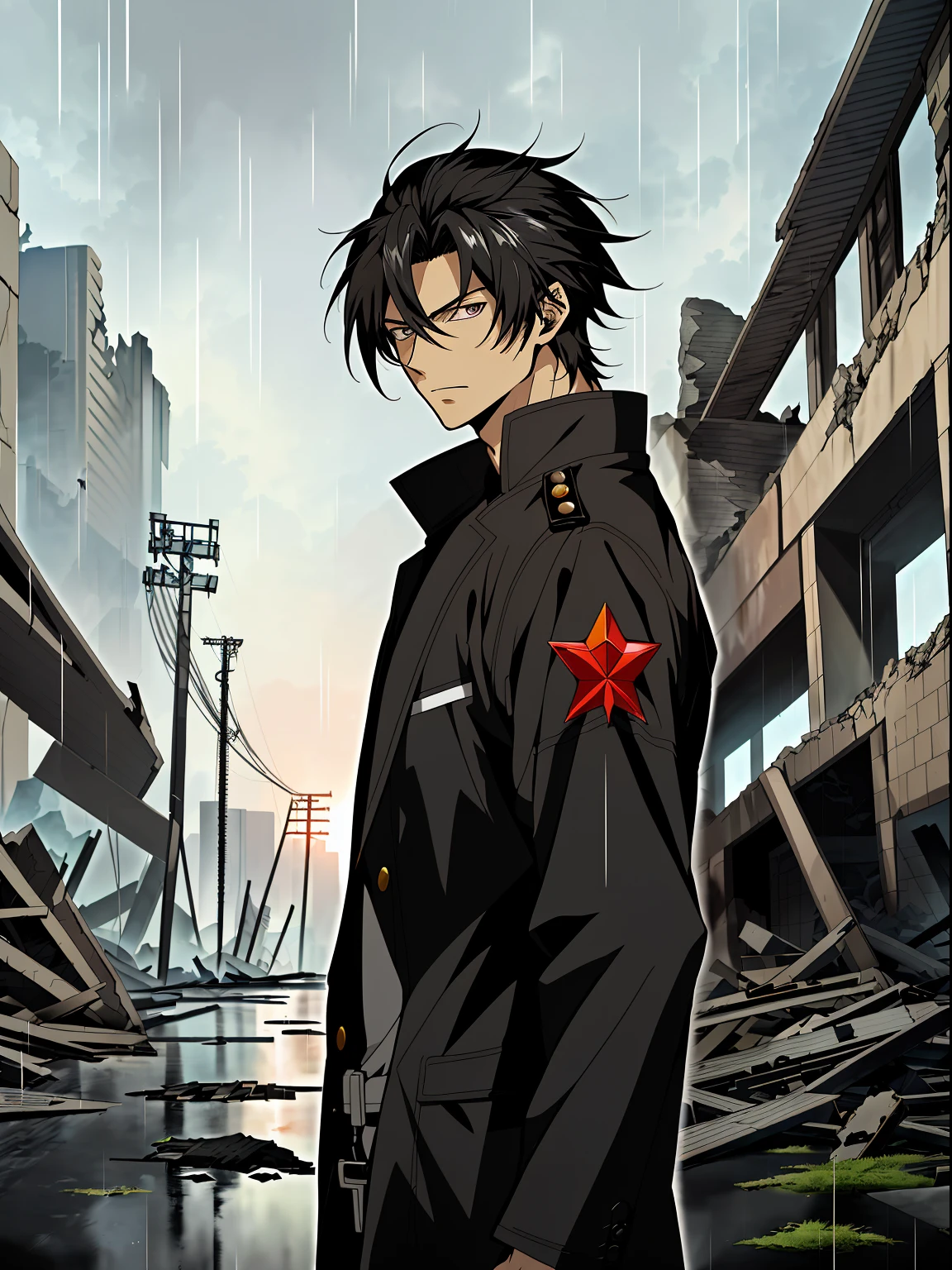 Man in black coat among ruins in the rain, black hair color hair,Black colored eyes, anime handsome man, Anime handsome avatar, Key anime art, male anime characters,Official illustration, offcial art, young anime man, Key anime art,