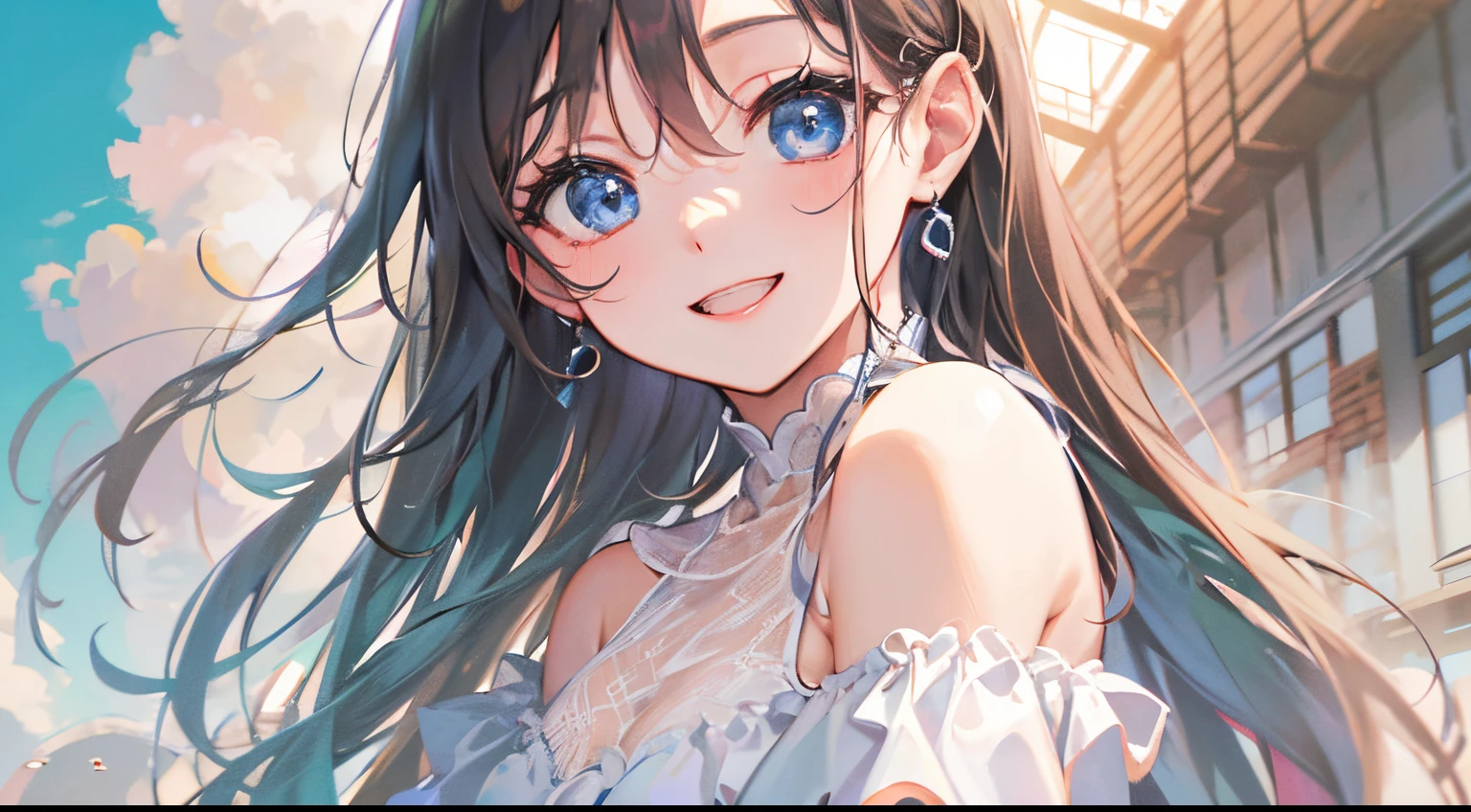 masterpiece、top-quality、(brown colored long hair:1.1)、25 year old blue eyed woman、japanese comic book、Wearing a white off-the-shoulder blouse、Wearing a white miniskirt、Exposed skin a lot、(Smiling expression:1.3)、(Close-up of the subject's face:1.3)、(Staring at the camera:1.3)、The background is blue sky、Bold poses、Upper body is shown、Alone、