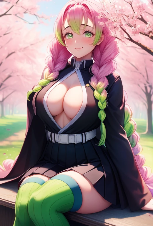 (((masterpiece)), (best quality:1.7), (detailed:1.4), (high res:1.4), 8k, (colorful:1.5), high resolution, sharped image, 4k, hd, (beautiful detailed background:1.2), (beautiful lighting:1.2), (highly detailed:1.2), perfect lighting, (8k wallpaper:1.2), (highly detailed:1.2), (extremely detailed CG:1.2), mitsuri_dms, 1girl, solo, green eyes, mole, mole under eye, green hair, pink hair, ((black_special_pupil)), eyelashes, thick eyelashes, braids, twin braids, hair between eyes, long hair, large breasts, skirt, black skirt, pleated skirt, belt, white belt, long sleeves, jacket, white jacket, thighhighs, green thighhighs, open clothes, zettai ryouiki, haori, demon slayer uniform, japanese clothes, cleavage, sitting, sakura trees, sakura, leaves, petals, ((blush)), smile,