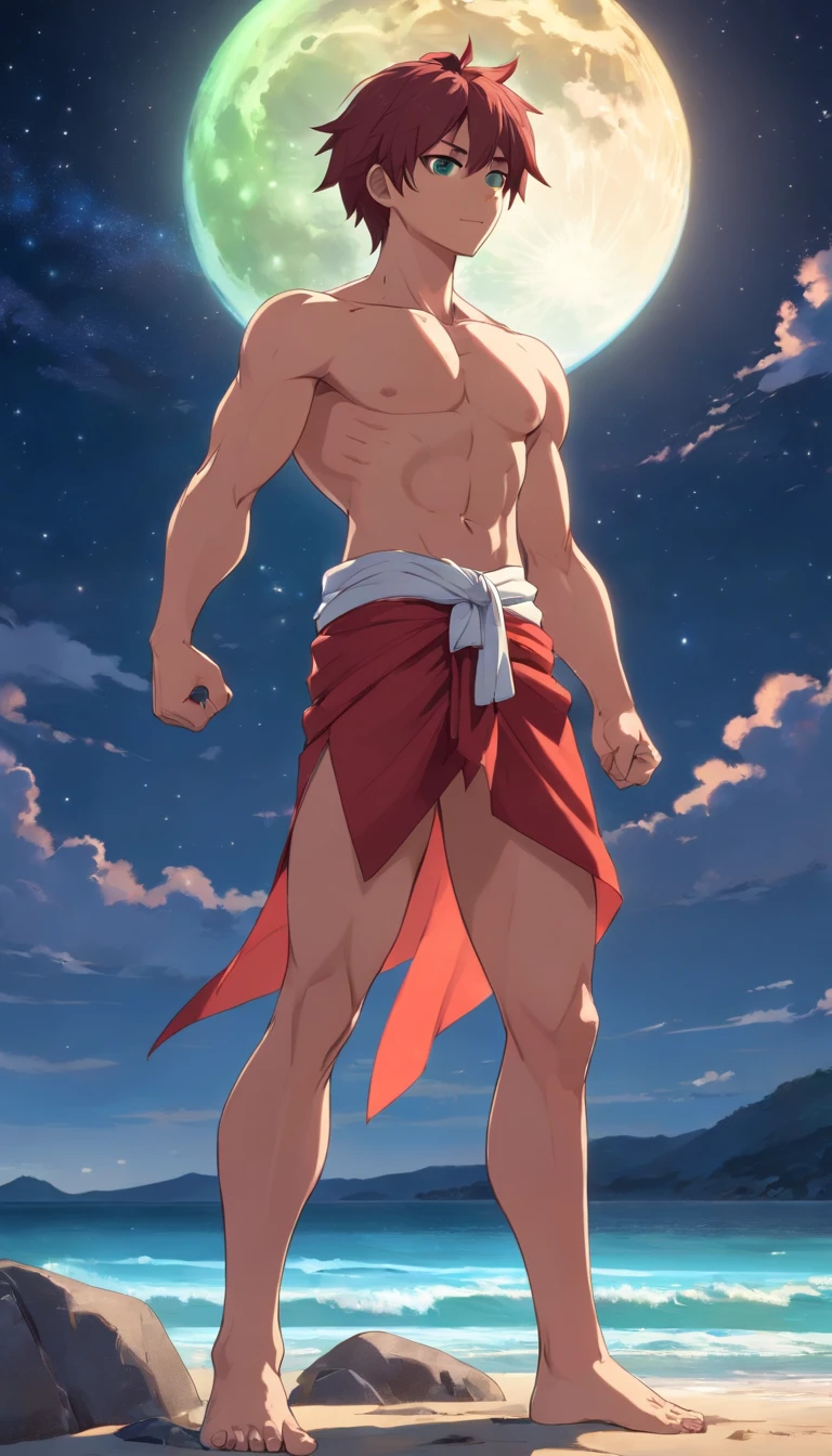 Zeichne einen jungen 300 Pfund schweren Bodybuilder, sturdy, Gottes Anatomie, Beautiful red hair, green eyes and tanned skin. brustmuskeln, Abs, Bizeps, bulge, ((Genitalkontur)) Am Strand unter dem Sternenhimmel stehen, He wears a red loincloth and poses (( Dramatisches Licht der Sterne erhellt die Szene, Dieser Mann sieht selbstbewusst und entschlossen aus, Blick nach unten,crew cut, full entire body,Schuss von unten,a big moon in the background