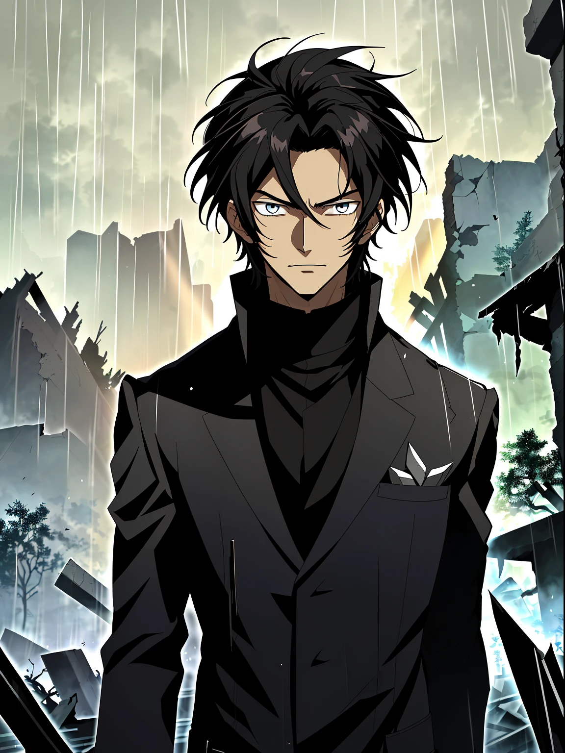 Man in black coat among ruins in the rain, black hair color hair,Black colored eyes, anime handsome man, Anime handsome avatar, Key anime art, male anime characters,Official illustration, offcial art, young anime man, Key anime art,