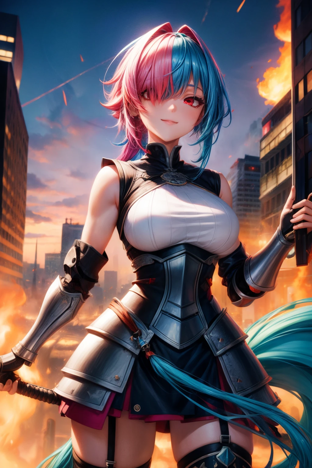 Best quality at best, 4K, tmasterpiece, The is very detailed, high detal, 1个Giant Breast Girl, Alone, Perry, Blue hair, hair covering one eye, Colorful hair, dual horsetail, with pink hair, red eyes, two tone color hair, armour, ssmile, burning city background