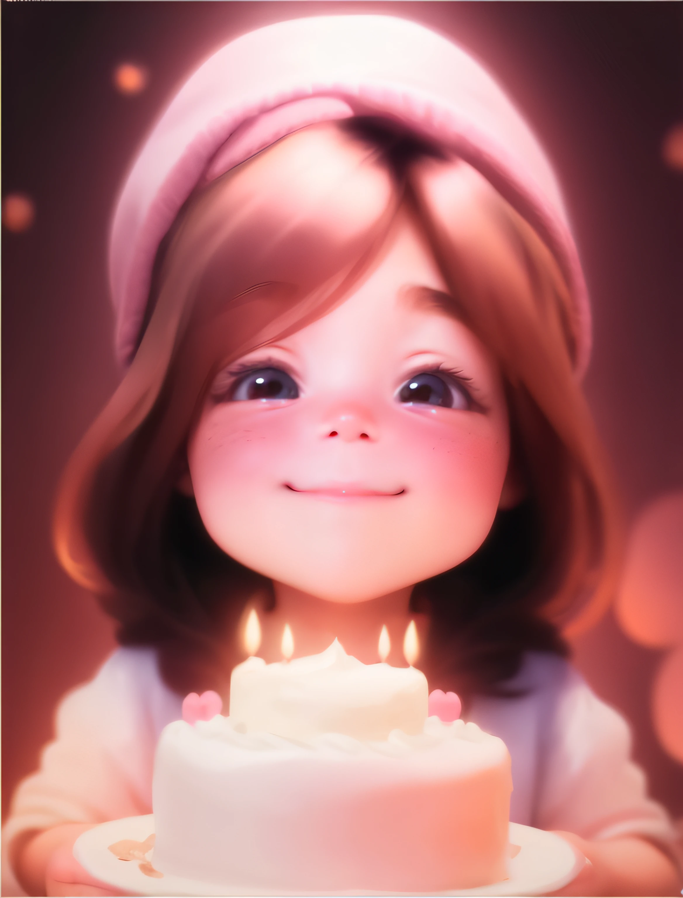 Close-up of a  holding a cake with candles, lovely digital painting, kawaii realistic portrait, adorable digital art, cute cartoon character, Cute and detailed digital art, Nodded, Cute 3d rendering, Cartoon Cute, happy birthay, Realistic cute girl painting, cute big breasts! c4d, Animation-style rendering, madeline from celeste, cute character, Cute cartoon