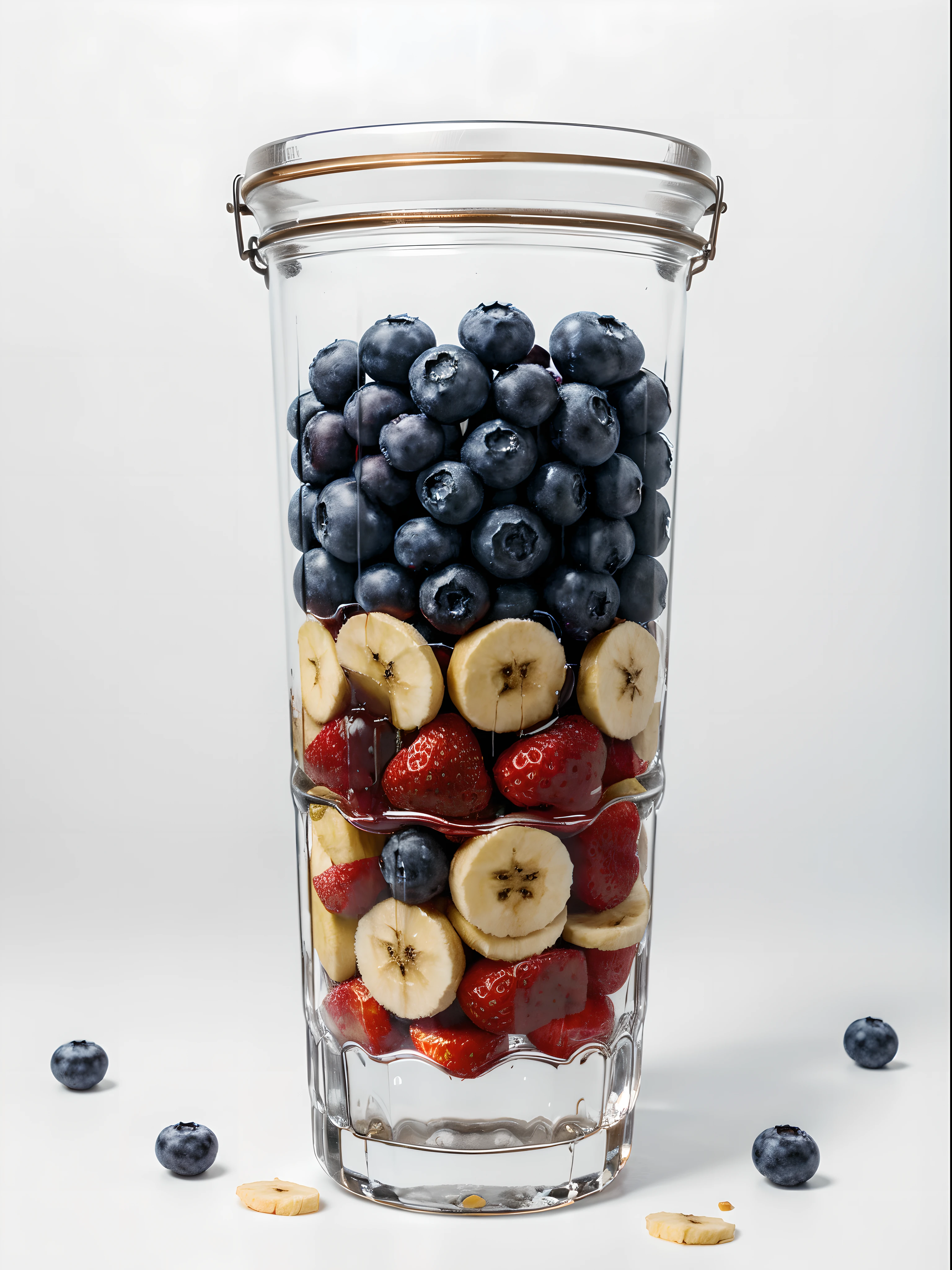 （Best quality，8K，Masterpiece：1.3），NOhumans，Clear glass，There are a lot of strawberries in it、Blueberries and Banana Chips, blend,, detalhe poderoso, intense detail, on the white background, Clear detail, professional,