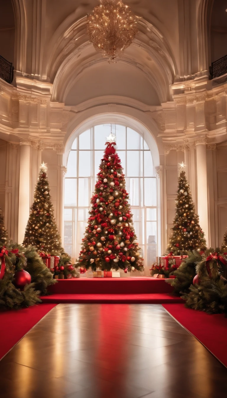 you are inside a cube studio。red carpet is laid out、shining christmas tree、white and fantastic space、illuminations、High quality down to the details、