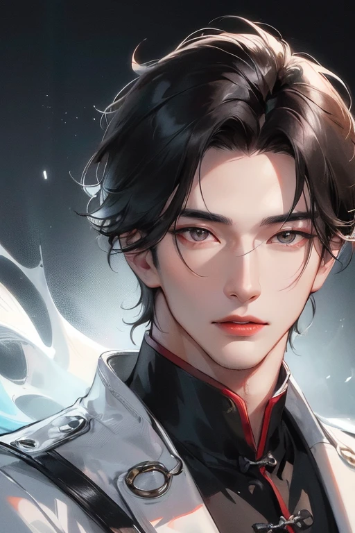 official art, masterpiece, 1boy, crisp focus, (Korean Men:1.3), (Handsome Chinese man:1.3), handsome china, Delicate and manly hair and eyes and face., Realistic, ultra-detail, Handsome Man, Fluorescent white particles, (side light:1.2), scenery, Black Hair, Cool expression, Dynamic hair, black hair details, glowing brown eyes, Sexy, In the dark, Deep Shadows, Low key, cold light, Dynamic lighting, Cinematic lighting, Cinematic lighting, Mature men, Face closeup, face detail, red lip details, Very detailed eyes, face detail, face detail, detaild, Utra details, Very detail, high-detail,