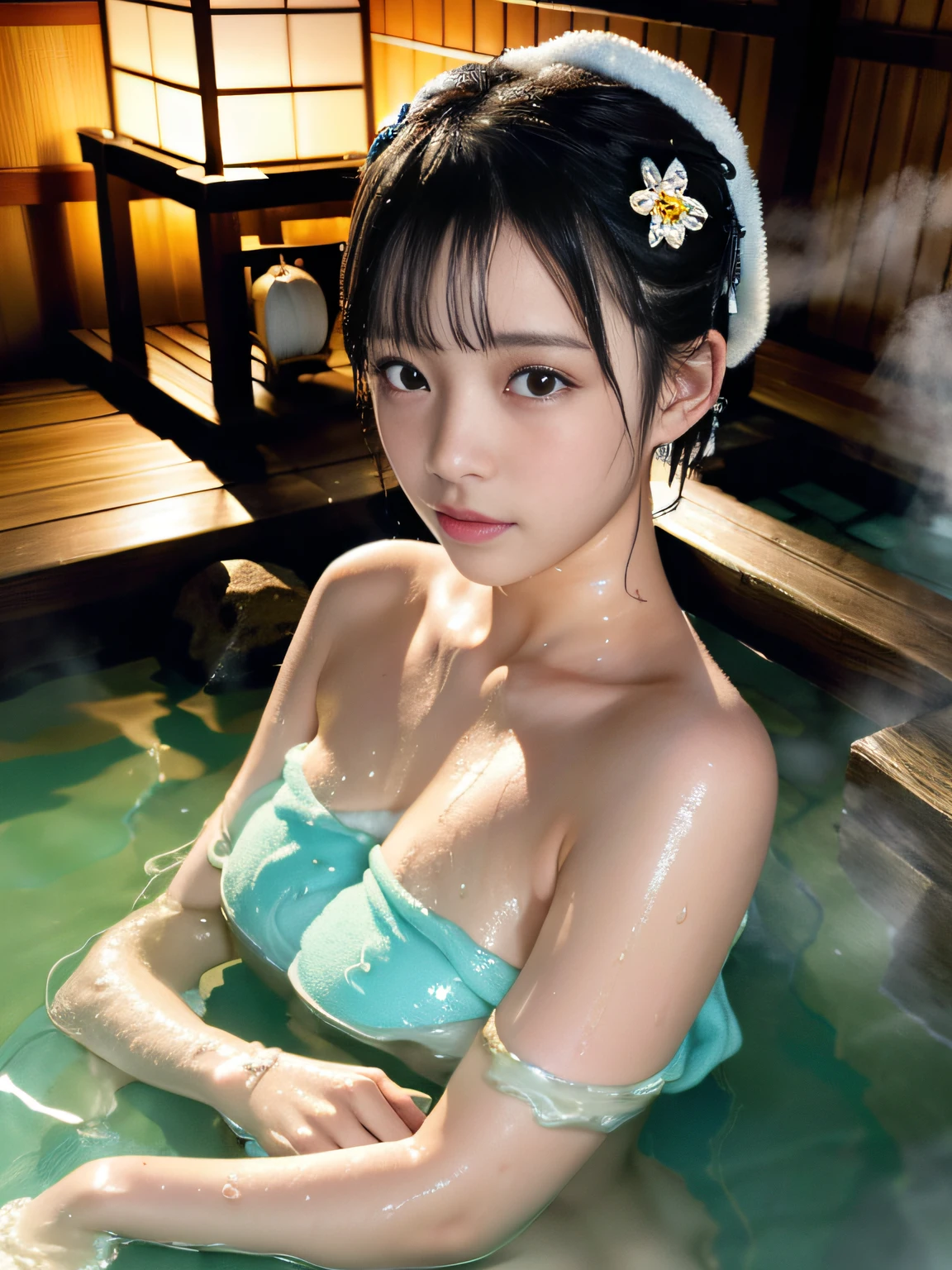 (masterpiece), (best quality:1.4), absurdres, [:intricate details:0.2], 1girl, (naked towel), (geyser, onsen:1.2), moist skin, (fog:1.2), mist, shiny skin, glossy skin, (partially submerged in the onsen:1.2), (wet hair:1.2), mist, wet, moisture,