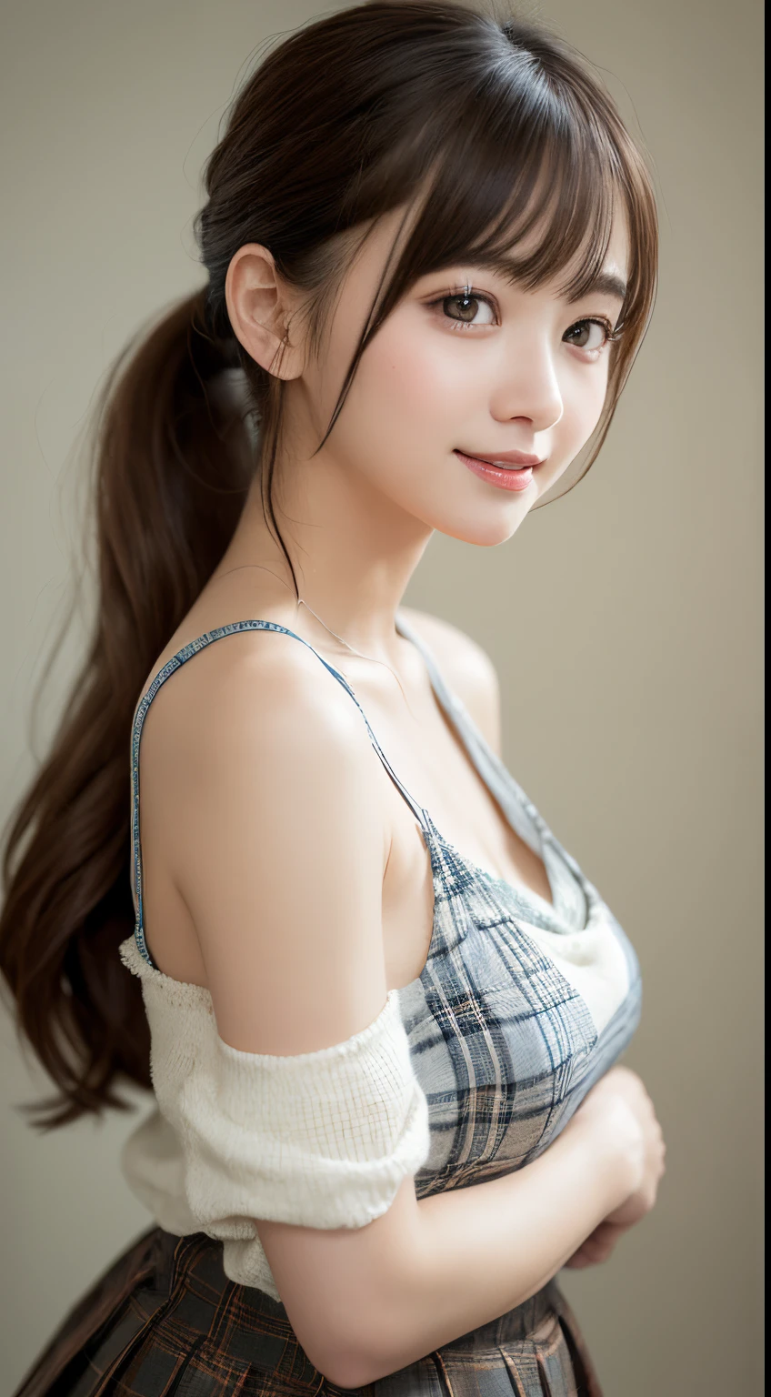 Smile、natta、Raw photography、(((Ultimate Beauty Portrait)))、((glistning skin))、女の子1人、 beautiful girl in Prague、bright expression、((brown haired))、(cleavage of the breast)、(Plaid pleated skirt:1.5)、((Big eyes that shine like jewels))、open cardigan、Open your clothes、panthyhose、Glossy glossy skin、(Medium Hair)、(Silky Ponytail Hair)、(is standing)、(frombelow)、Under the skirt、Under the skirt、(Close-up of underwear from below)、eye liner、Beautiful bangs、Hair between the eyes、((masterpiece、top-quality、ultra-detailliert、Film Light、intricate-detail、hight resolution、ighly detailed))、细致背景、8KUHD、Digital SLR、Soft light、hightquality、Film grain、FujifilmXT3 、Shallow depth of field、natural soft light、Kamimei、Lush bust