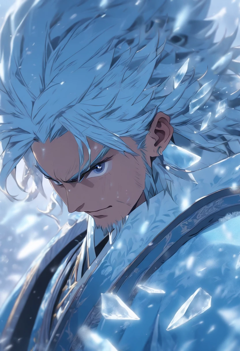 (tmasterpiece), (Best quality at best), Cinematic quality,Rendered by Octane,Ultra-detailed details,1 boy,Face of a young man,Facial detail portrayal,Perfect facial features,(Behind him,There is a huge ice dragon。:1.8),(ice crystals in the air:1.5),floating ice crystals,frozen liquid,Icicles,ice axe,staredown, watch audience, (Ancient Chinese Hanfu:1.2), (Armed with an ice sword:1.2),
