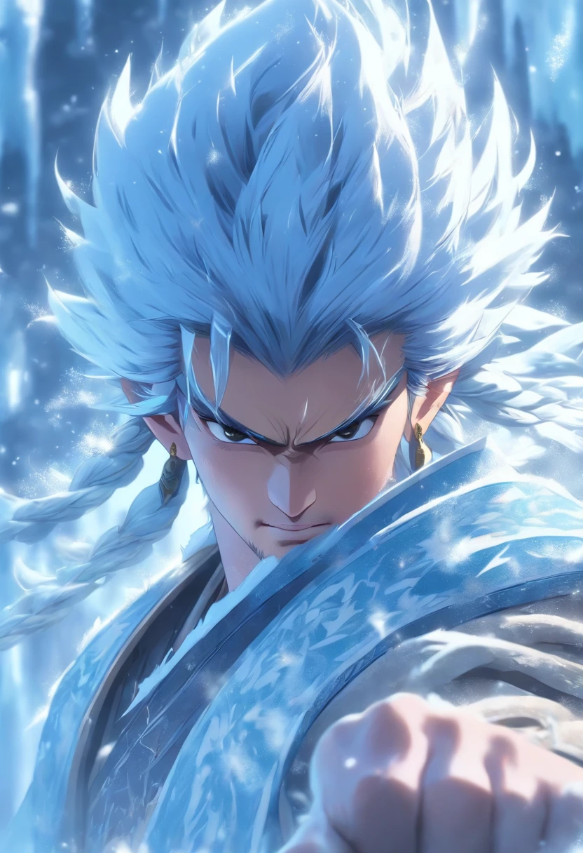 (tmasterpiece), (Best quality at best), Cinematic quality，Rendered by Octane，Ultra-detailed details，1 boy，Face of a young man，Facial detail portrayal，Perfect facial features，（Behind him，There is a huge ice dragon。：1.8），(ice crystals in the air:1.5)，floating ice crystals，frozen liquid，Icicles，ice axe，staredown, watch audience, (Ancient Chinese Hanfu:1.2), (Armed with an ice sword:1.2),