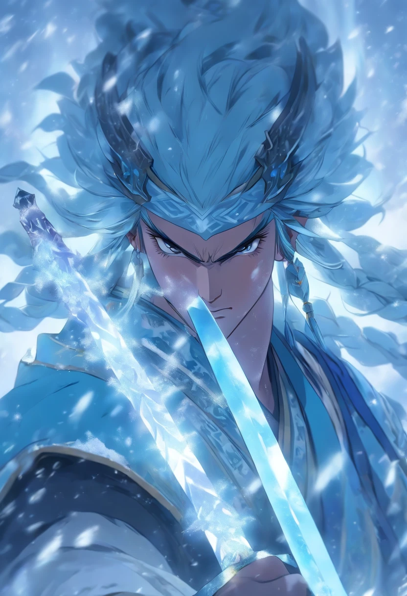 (tmasterpiece), (Best quality at best), Cinematic quality,Rendered by Octane,Ultra-detailed details,1 boy,Face of a young man,Facial detail portrayal,Perfect facial features,(Behind him,There is a huge ice dragon。:1.8),(ice crystals in the air:1.5),floating ice crystals,frozen liquid,Icicles,ice axe,staredown, watch audience, (Ancient Chinese Hanfu:1.2), (Armed with an ice sword:1.2),