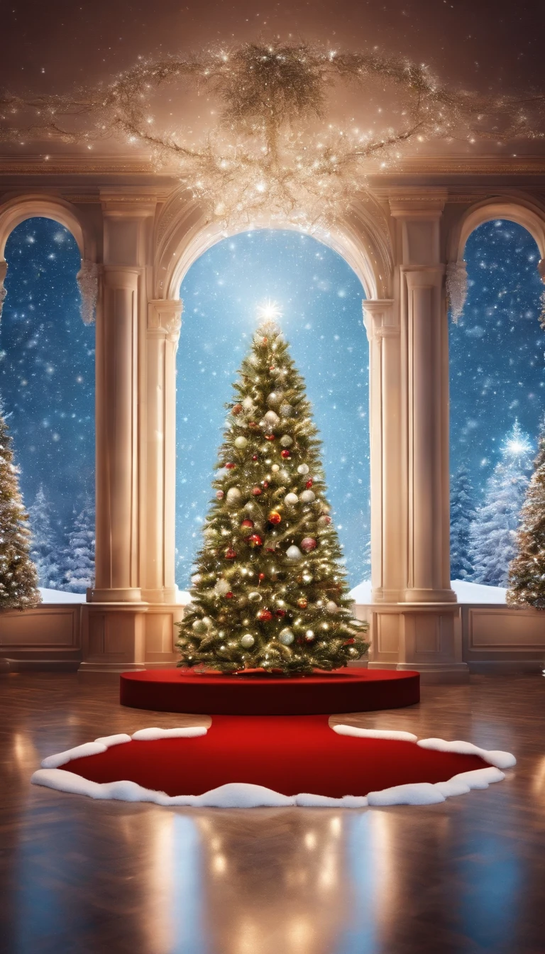 You are inside a cubic studio. There is a red carpet, a glowing Christmas tree in the center, a large display on the side with snow images, a white fantastic space, illumination, and high quality in every detail,