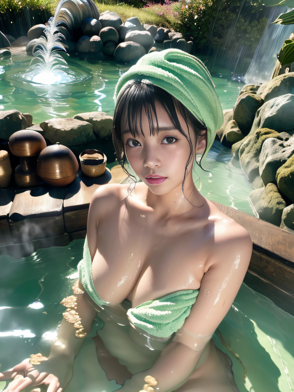 (masterpiece), (best quality:1.4), absurdres, [:intricate details:0.2], 1girl, (naked towel), (geyser, onsen:1.2), moist skin, (fog:1.2), mist, shiny skin, glossy skin, (partially submerged in the onsen:1.2), (wet hair:1.2), mist, wet, moisture,