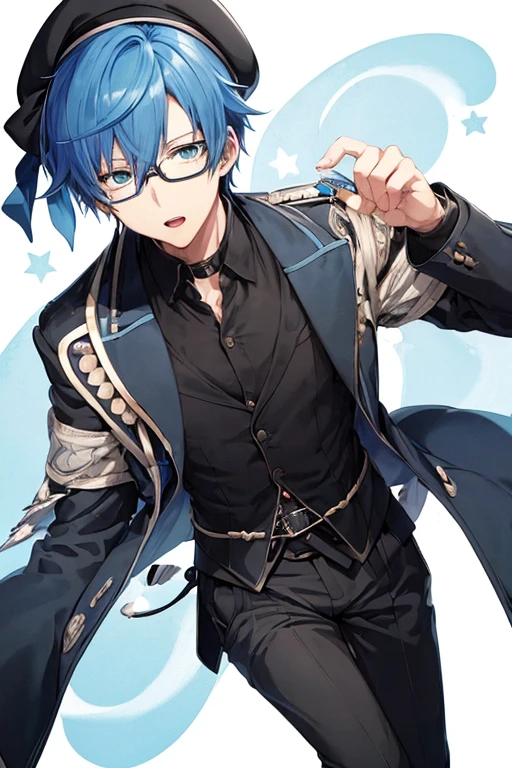 1(Best Quality, masutepiece:1.2),1boy,Anime young man with blue hair and glasses in a black jacket, live2d virtual youtuber model, 2 d anime style, anime moe art style, paint tool sai!! Blue, anime stylized, Stylized anime, 2 D Anime, bright green eyes,Black beret