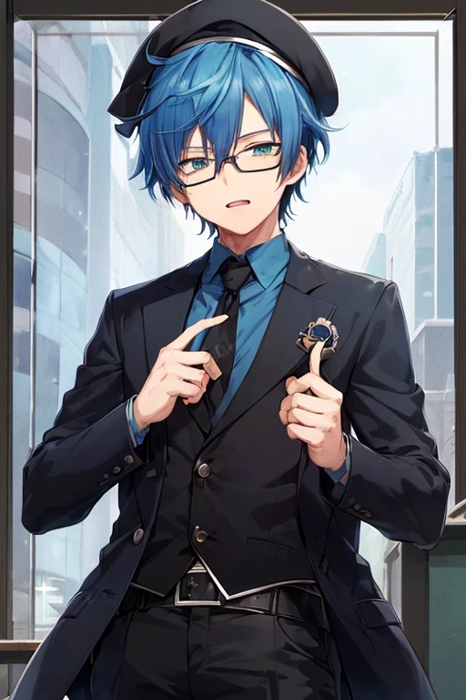 1(Best Quality, masutepiece:1.2),1boy,Anime young man with blue hair and glasses in a black jacket, live2d virtual youtuber model, 2 d anime style, anime moe art style, paint tool sai!! Blue, anime stylized, Stylized anime, 2 D Anime, bright green eyes,Black beret
