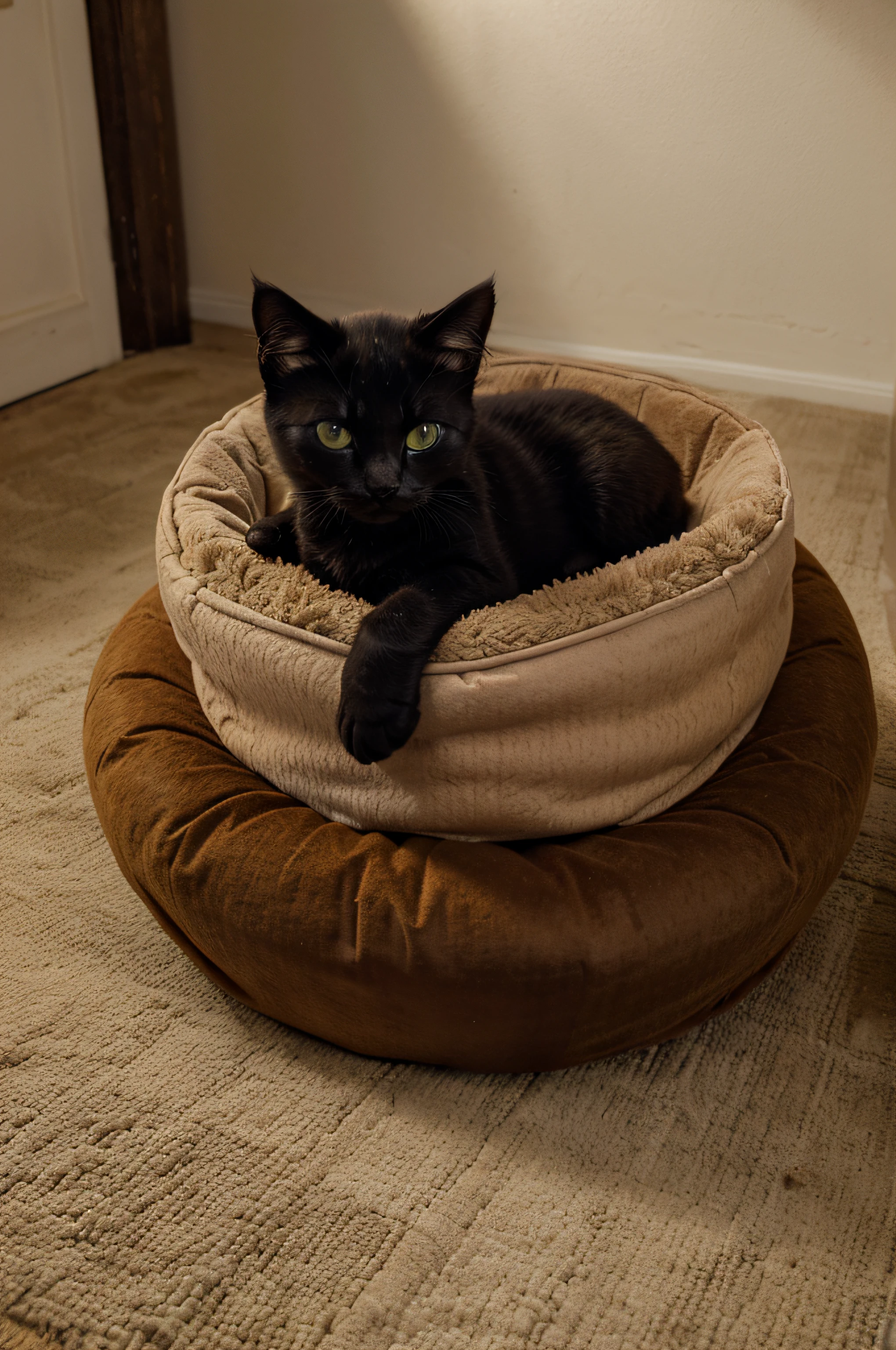 (best quality,photorealistic:1.37),realistic black kitten with rust red undertone , yellow green eyes,medium length fur ,sleeping on a round cat bed ,soft natural lighting