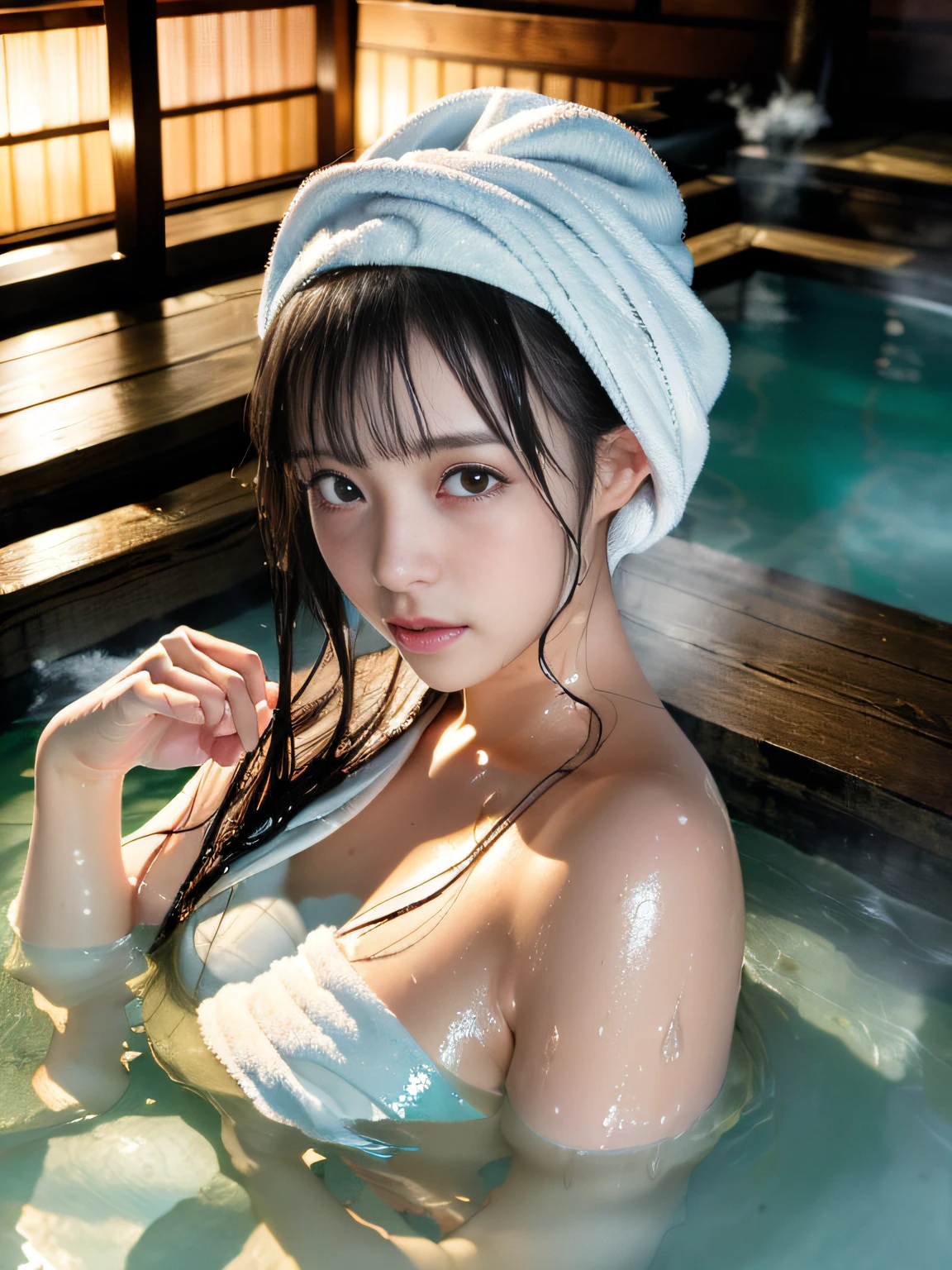 (masterpiece), (best quality:1.4), absurdres, [:intricate details:0.2], 1girl, (naked towel), (geyser, onsen:1.2), moist skin, (fog:1.2), mist, shiny skin, glossy skin, (partially submerged in the onsen:1.2), (wet hair:1.2), mist, wet, moisture,