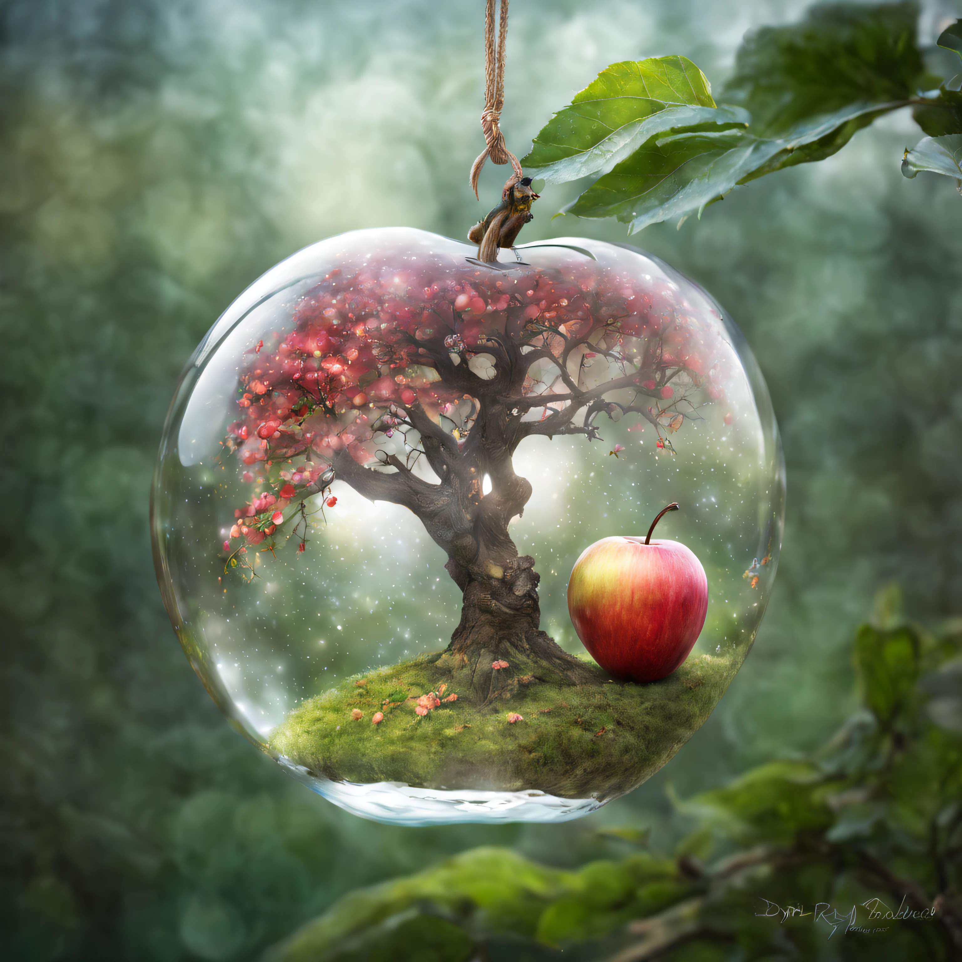 Double exposure photo image, combining a small fairyland with fairies and a glass apple, glass apple hanging on a tree branch with leaves, inside a glass apple there is a fairyland with fairies with their own details, finely inscribed inside a glass apple, Clear Focus, great depth of field , Doubleexposure, hyper realistic, Extremely detailed, ray traced, Cinematic, HDR, Photorealistic (Doubleexposure:1.1)