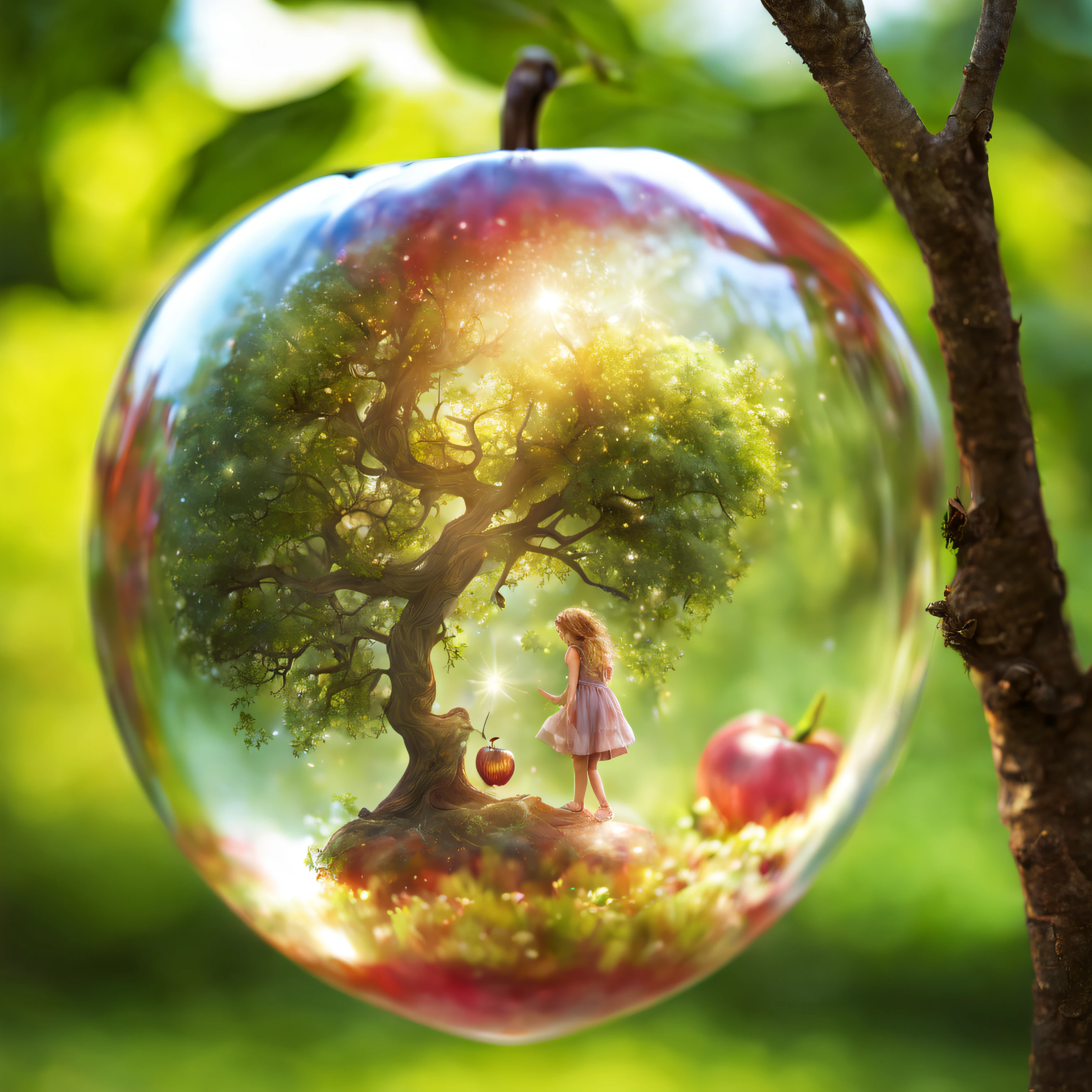 Double exposure photo image, combining a small fairyland with fairies and a glass apple, glass apple hanging on a tree branch with leaves, inside a glass apple there is a fairyland with fairies with their own details, finely inscribed inside a glass apple, Clear Focus, great depth of field , Doubleexposure, hyper realistic, Extremely detailed, ray traced, Cinematic, HDR, Photorealistic (Doubleexposure:1.1)
