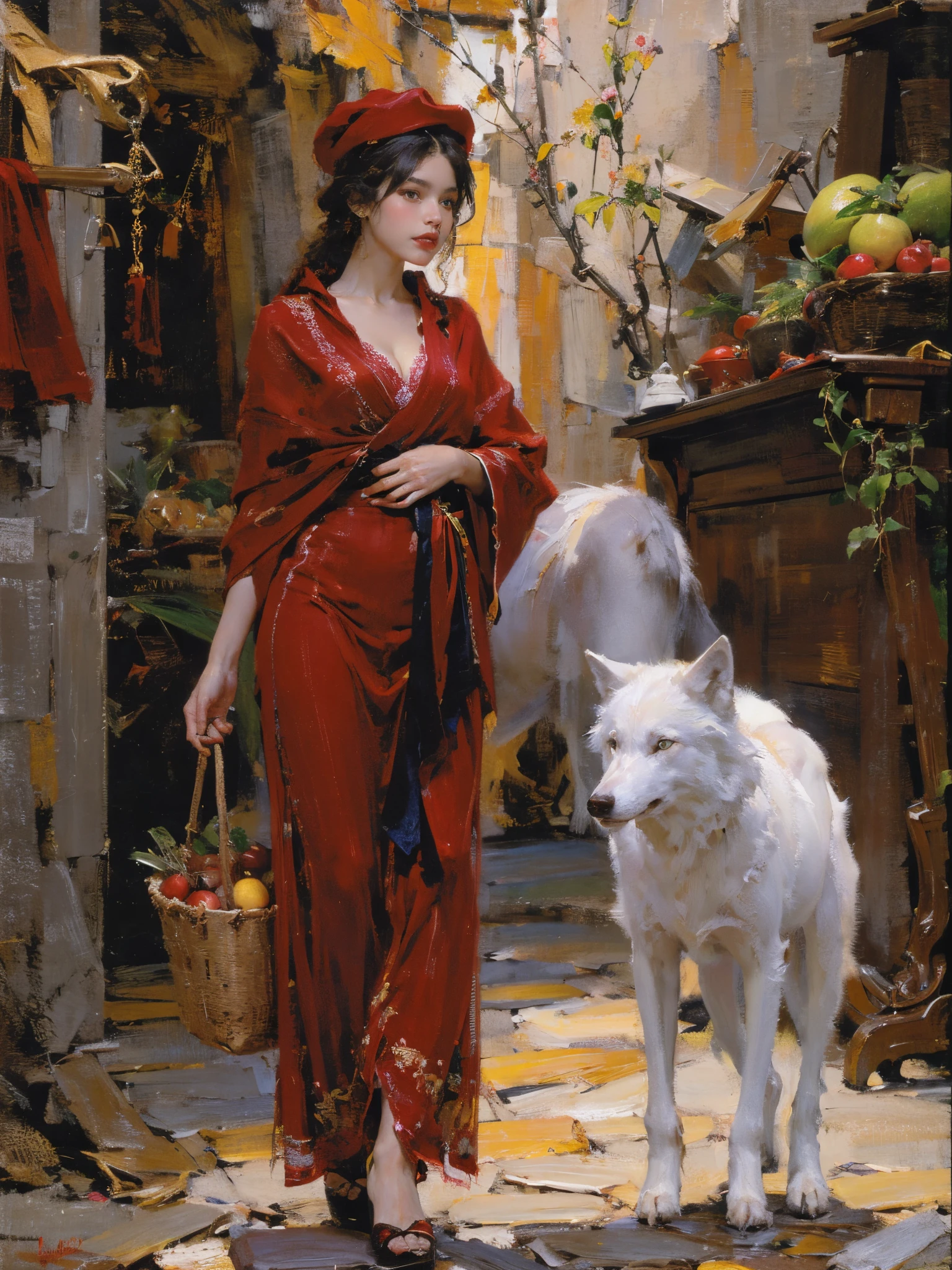 Describes the scene where the girl in red meets the wolf，(((white wolf)))，Quiet and harmonious atmosphere，Dramatic composition，warm color palette，plethora of colors，Correct anatomy，Detailed faces, 詳細な目，（Girls wear：red shawl，Red Hat，laced dress，Red Hat, cloaks, Large bra, a skirt, Red dress，Carrying a basket of fruit），Background with：luring，natural  lightting, Candy   House，a fairy world，Close-up cleavage，Charming and sexy legs，((Sexual suggestiveness))，Correct anatomy，Detailed face, Detailed eyes，(post impressionist),(Fechin Oil Painting - Fechin Oil Painting , oil painted), 05