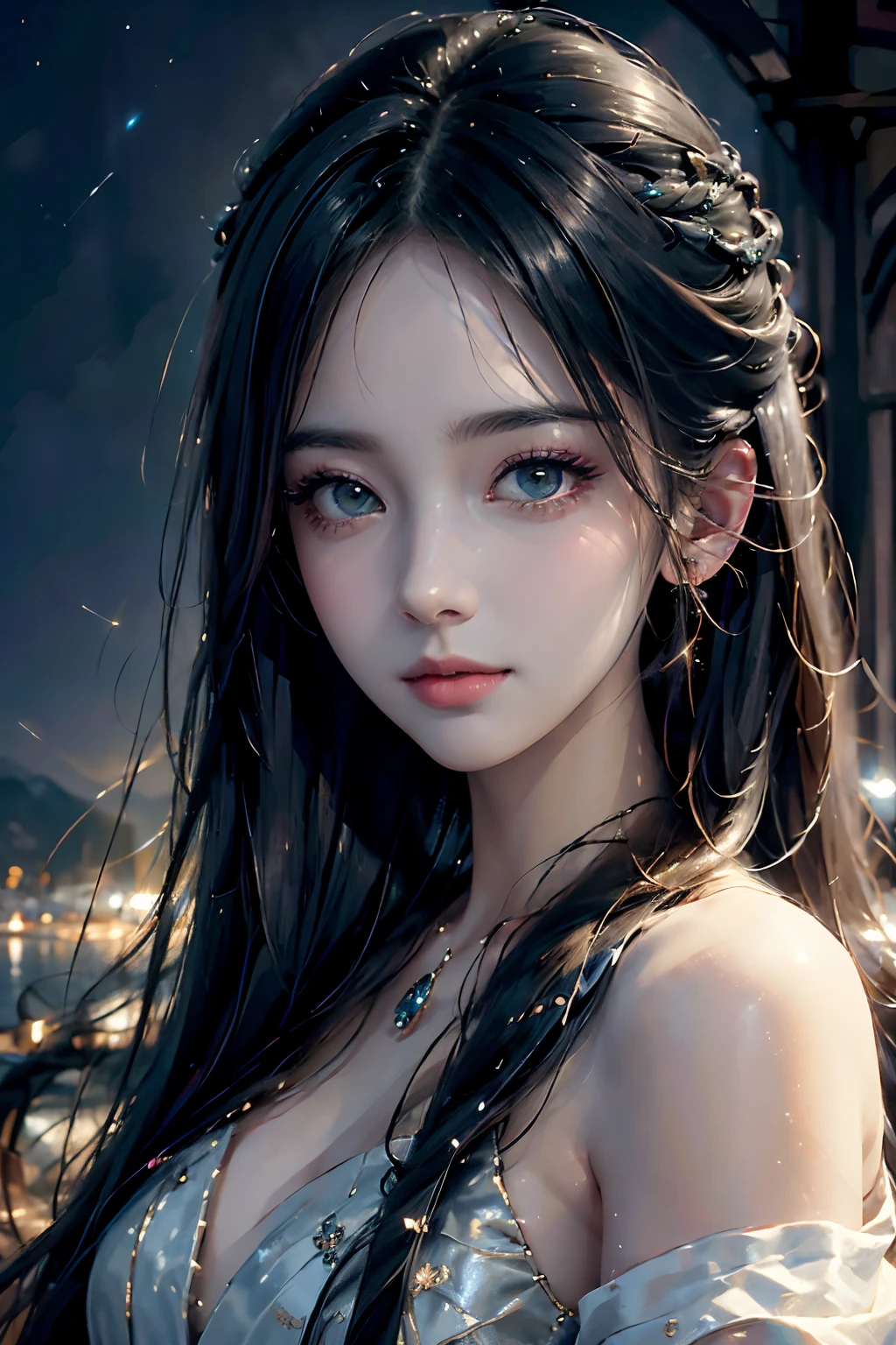 best quality,realistic,portrait,night scene,vivid colors,beautiful detailed eyes,beautiful detailed lips,long hair,flowing dress,melodic music,sparkling stars,moonlight,soft glow,gentle smile,peaceful atmosphere,painterly style,ethereal beauty,masterpiece:1.2