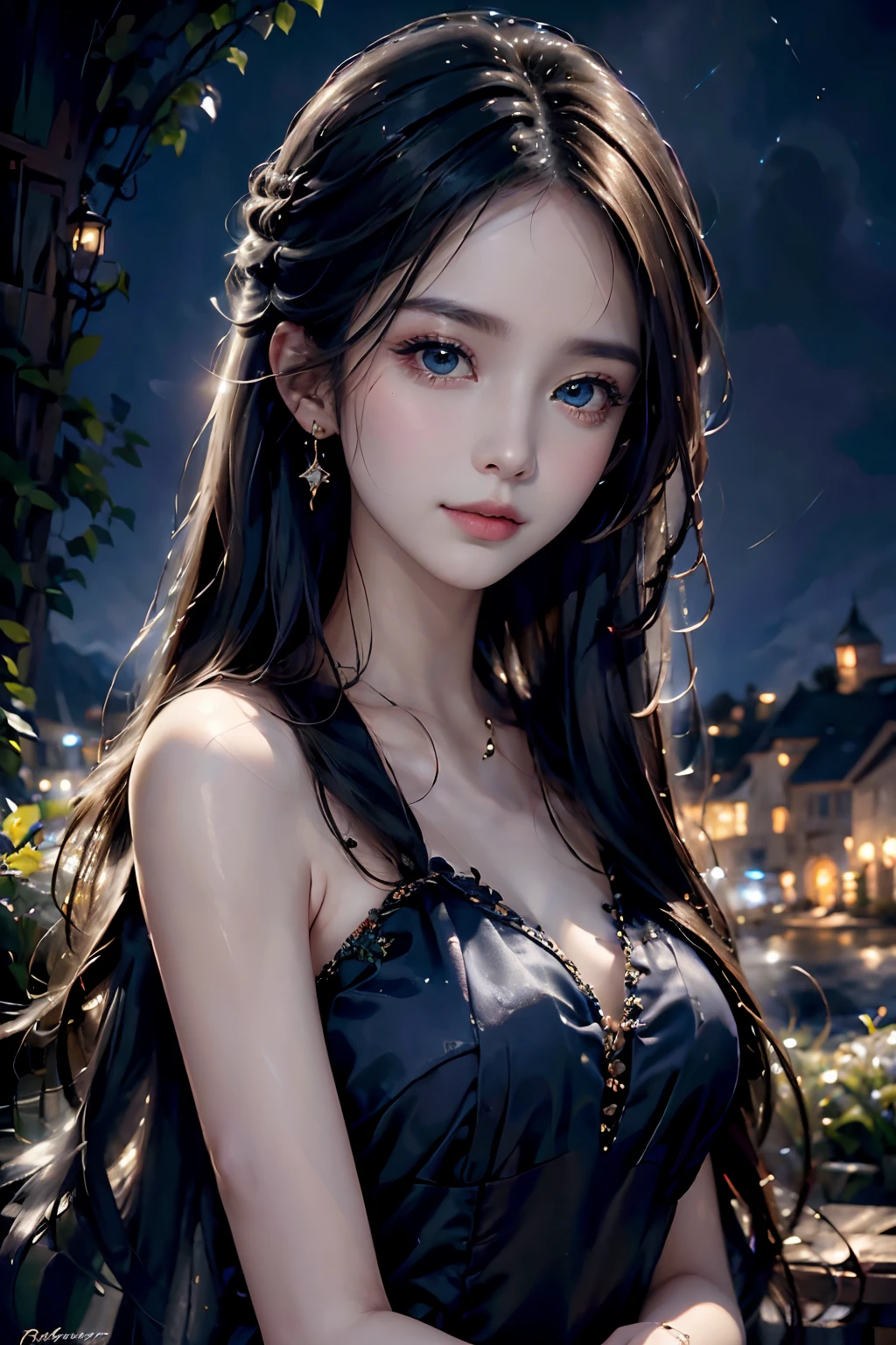 best quality,realistic,portrait,night scene,vivid colors,beautiful detailed eyes,beautiful detailed lips,long hair,flowing dress,melodic music,sparkling stars,moonlight,soft glow,gentle smile,peaceful atmosphere,painterly style,ethereal beauty,masterpiece:1.2