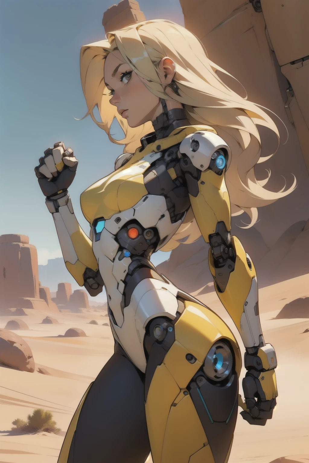 high quality, 4k, masterpiece, beautiful, cyborg girl, cowboy shot, dull eyes, side view, turning around to look at viewer, long blonde hair, girl, small breasts, fit thigh, robotic arms, robotic body, cyborg body, yellow accent, redaccent, intricate detail, joint, detailed lines, robotic detail, holding fist up, holding hand up as fist, color robotic parts, robotic parts with color, perfect fingers, on a desert planet, sunny background, colorful desert,