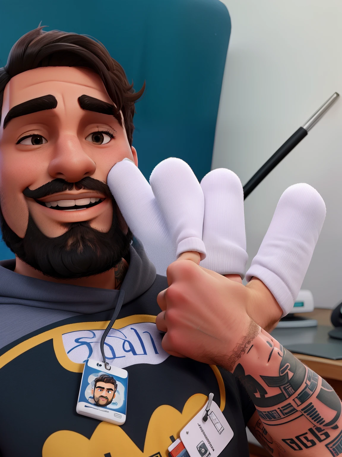Um homem com barba e cabelo cacheados .tatuado num Studio de tatuagem