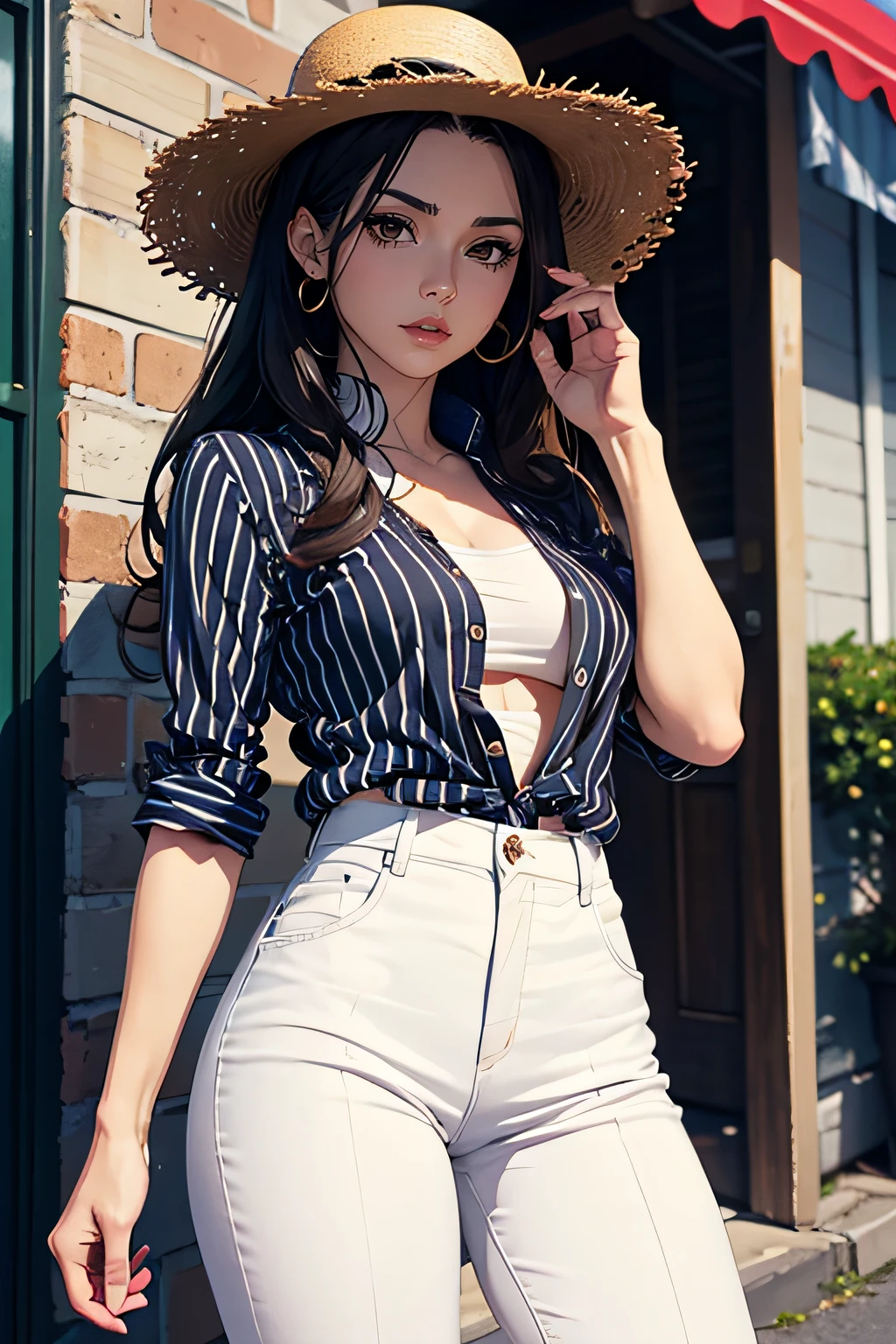 1girl, adorable face, long hair, italy, art by hirohiko araki, ,striped shirt, white pants, straw hat, mature woman, jojo's bizarre adventure, stylish woman, black hair, brown eyes, , dramatic, detailed features, solo ((HIGHEST QUALITY)), ((GENERATE PERFECTLY))