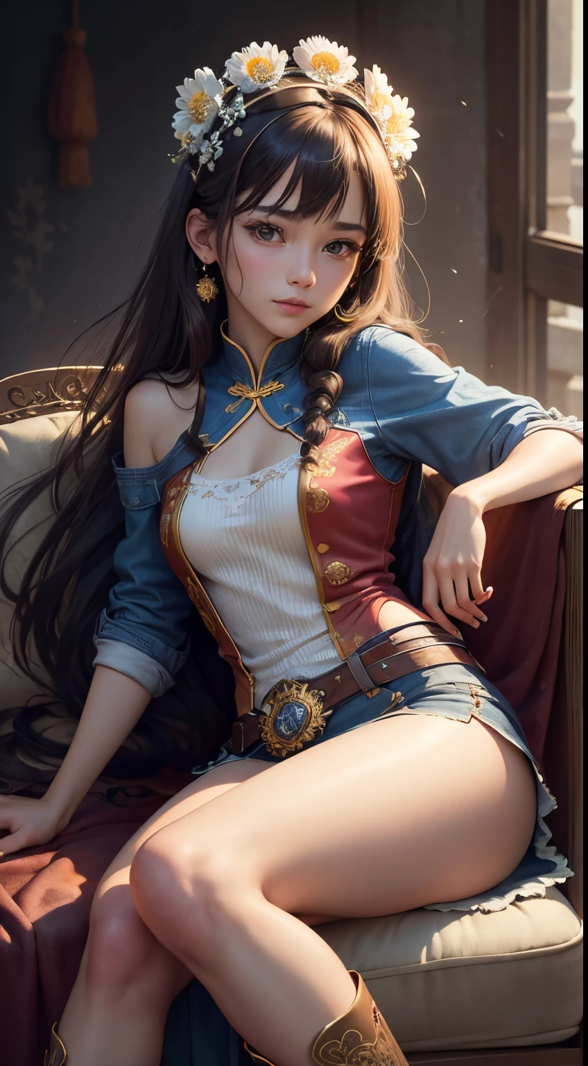 Best Quality, masutepiece, ultra-detailhigh-resolution, (Realistic: 1.4), Watercolor style, Illustration, Dazzling background color,, Skinny Girl with Weapons, (solo exhibition: 1.2), (denim lens: 1.2), (Hair crown: 1.2), （dark brown hair,Traditional Chinese Dunhuang costumes, No strap, (Red Eyeliner: 1.2), (: 1.4), （Accurate Hand Modeling),earrings, Dynamic Angle, Opera House, Messy_long_hair, inky, movie lights, lens_f lare, velvet, chrysanthemums, tassels, bow ribbon, Color embroidery,long boots,Photograph the whole body,sit in a chair and relax,Holding a sword in his right hand,Camera work shot from a distance,Open your crotch to show your panties、White underwear,The happiness of the skirt comes out,Show me your panties with a confused look,open one's legs（Opening legs）,Touching the crotch with your fingers