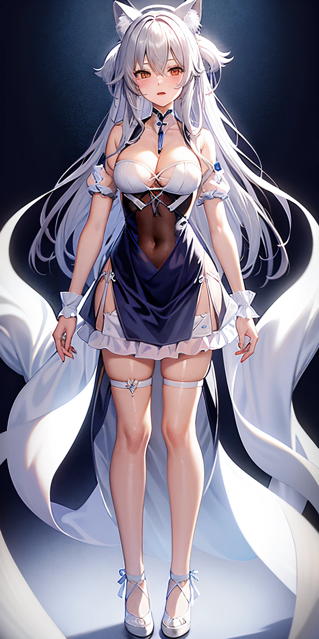 One in a white dress、Anime character of woman with cat ears, Cute anime waifu wearing nice clothes, White dress!! silber hair, azur lane style, Translucent liquid comes from《Azure route》videogame, in dress, 《Azure route》人物, from girls, clear outfit design, Anime full body illustration, white-haired god, Official character art