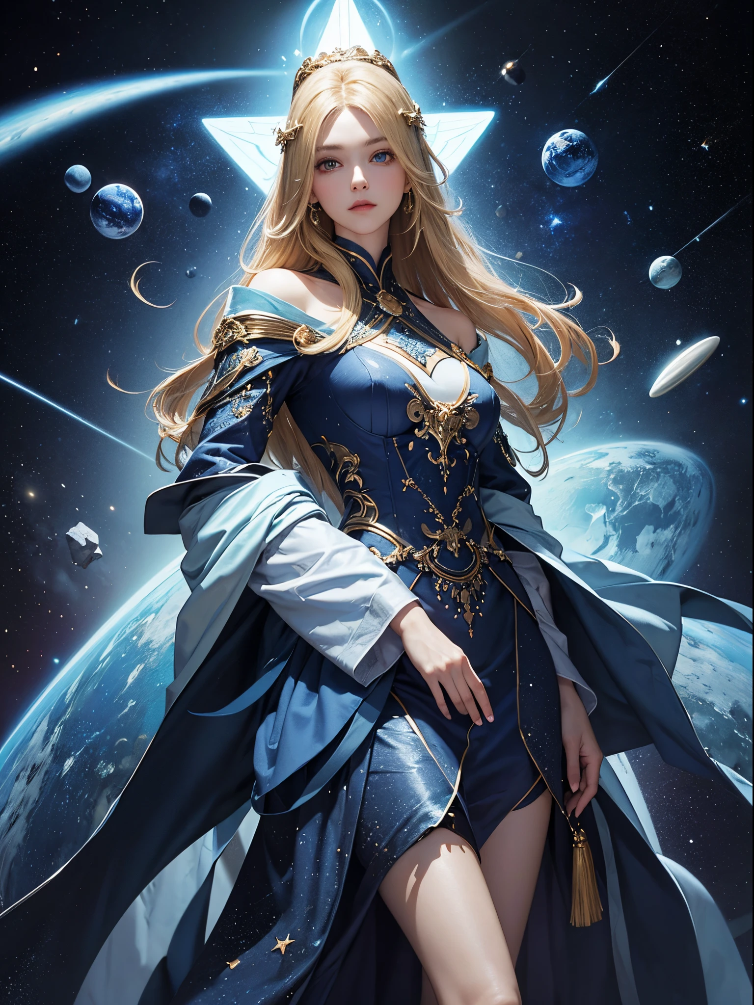 Indigo keynote、masterpiece、perfect-composition、low angles、top-quality、Official art、Extreme details、Stellar lumen、cosmic space、Milky way、Mysteries of the universe、Silence、Cosmic Light、Well-groomed good looks、Goddess of Eternity、Inherited intent、Memory of antiquity、sapphire eyes、Long Blonde Hair、Tall and lean、resolute、dignity、age 30s、noble、wear a blue space suit、true、good、pleasing、Intricate details、Oil Painting、Best Quality、the golden ratio