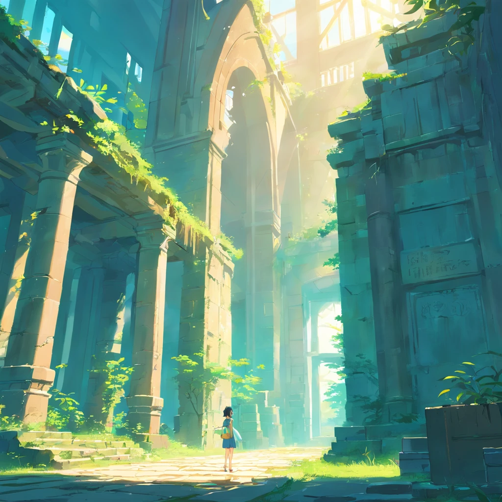 (Ruins)、Magical ruins with extremely sharp and rich details、「search and search」Create a style illustration. Make sure your scene is filled with intricate details, Vibrant colors, Realistic texture. Contains 20 different mystical creatures, [number] magic object, 50 surprising elements that stand out. for a fascinating experience、Emphasizes high levels of detail and visual richness.