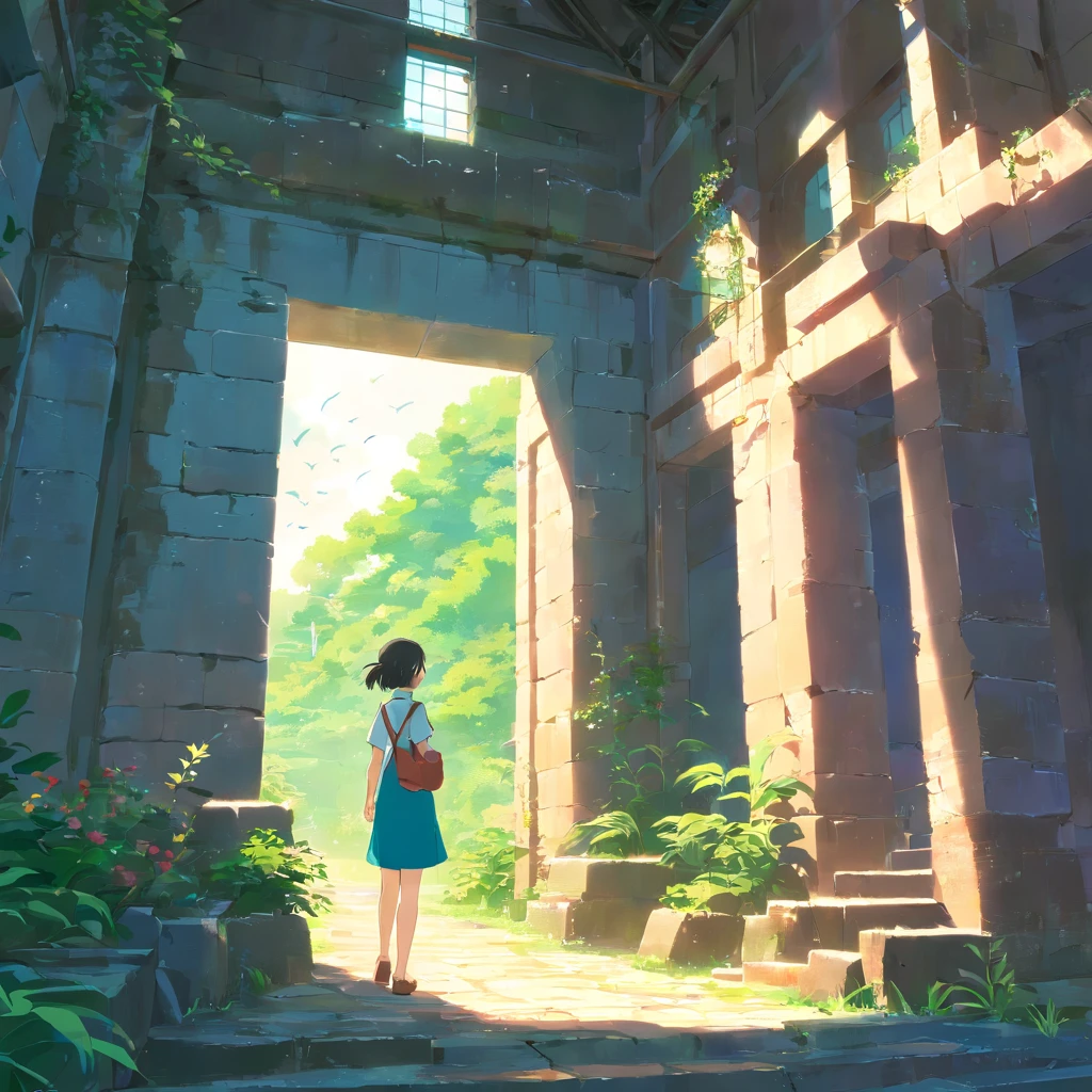 (Ruins)、Magical ruins with extremely sharp and rich details、「search and search」Create a style illustration. Make sure your scene is filled with intricate details, Vibrant colors, Realistic texture. Contains 20 different mystical creatures, [number] magic object, 50 surprising elements that stand out. for a fascinating experience、Emphasizes high levels of detail and visual richness.