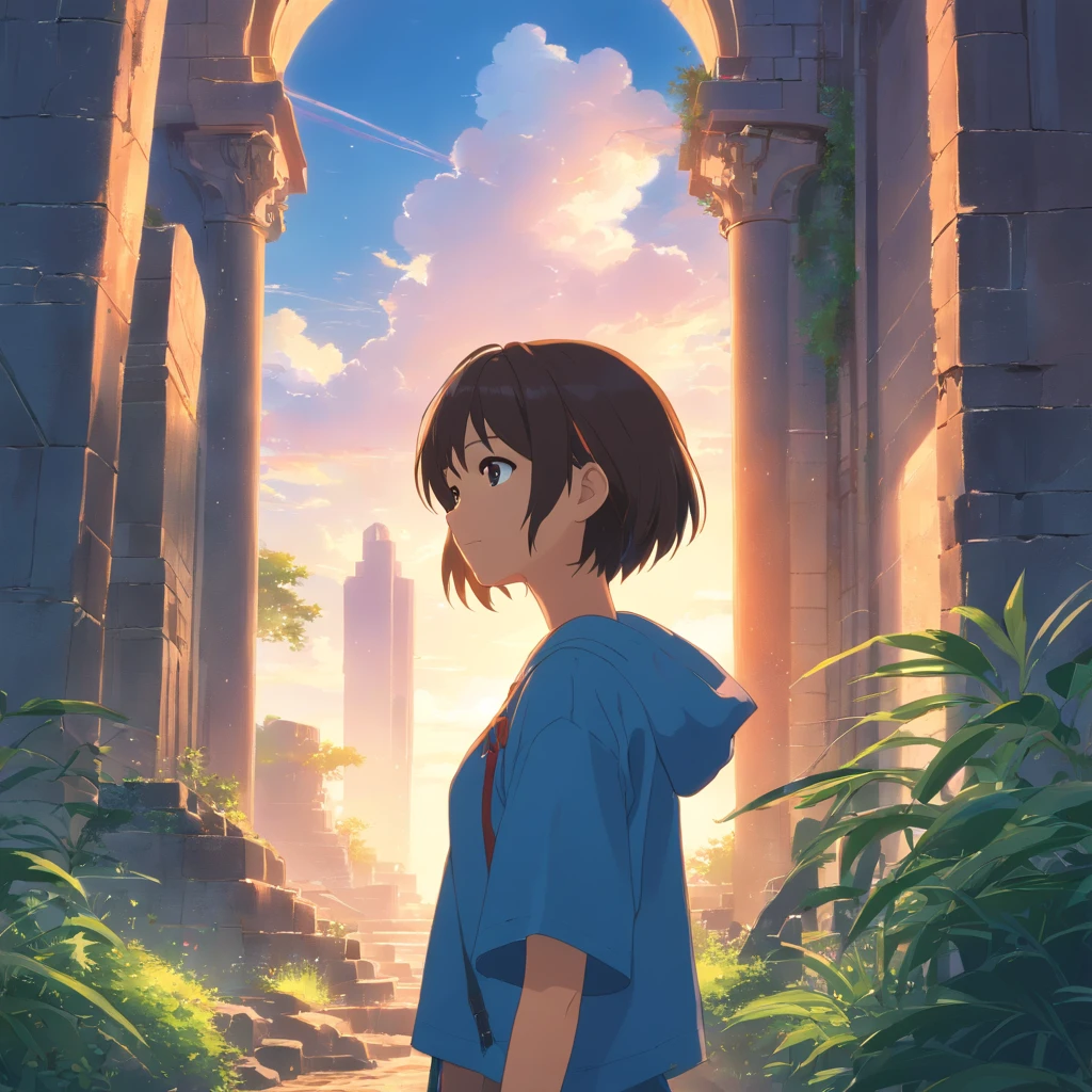 (Ruins)、Magical ruins with extremely sharp and rich details、「search and search」Create a style illustration. Make sure your scene is filled with intricate details, Vibrant colors, Realistic texture. Contains 20 different mystical creatures, [number] magic object, 50 surprising elements that stand out. for a fascinating experience、Emphasizes high levels of detail and visual richness.