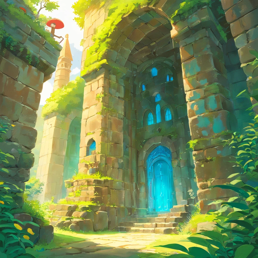 (Ruins)、Magical ruins with extremely sharp and rich details、「search and search」Create a style illustration. Make sure your scene is filled with intricate details, Vibrant colors, Realistic texture. Contains 20 different mystical creatures, [number] magic object, 50 surprising elements that stand out. for a fascinating experience、Emphasizes high levels of detail and visual richness.