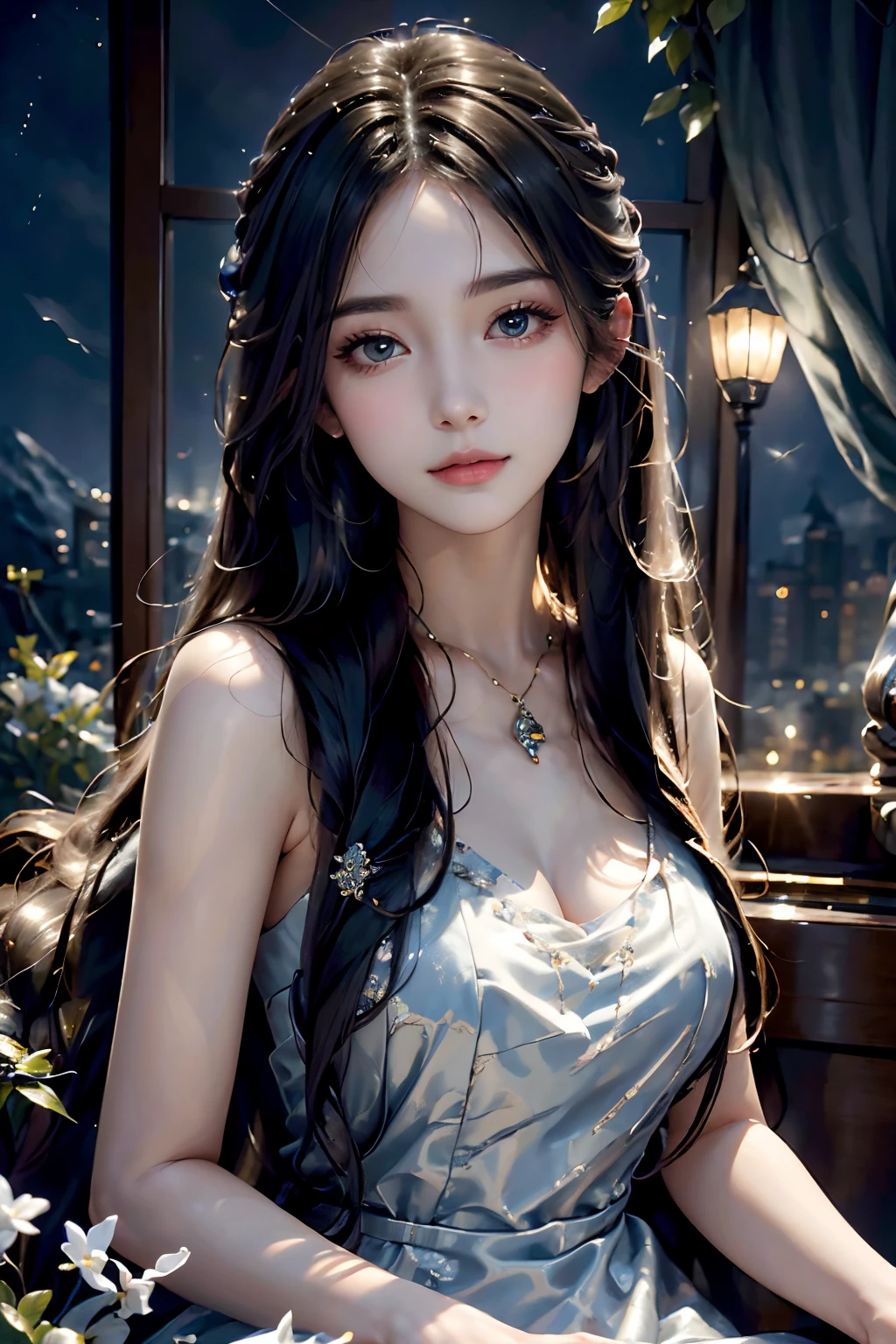 best quality,realistic,portrait,night scene,vivid colors,beautiful detailed eyes,beautiful detailed lips,long hair,flowing dress,playing piano, ,sparkling stars,moonlight,soft glow,gentle smile,peaceful atmosphere,painterly style,ethereal beauty,masterpiece:1.2