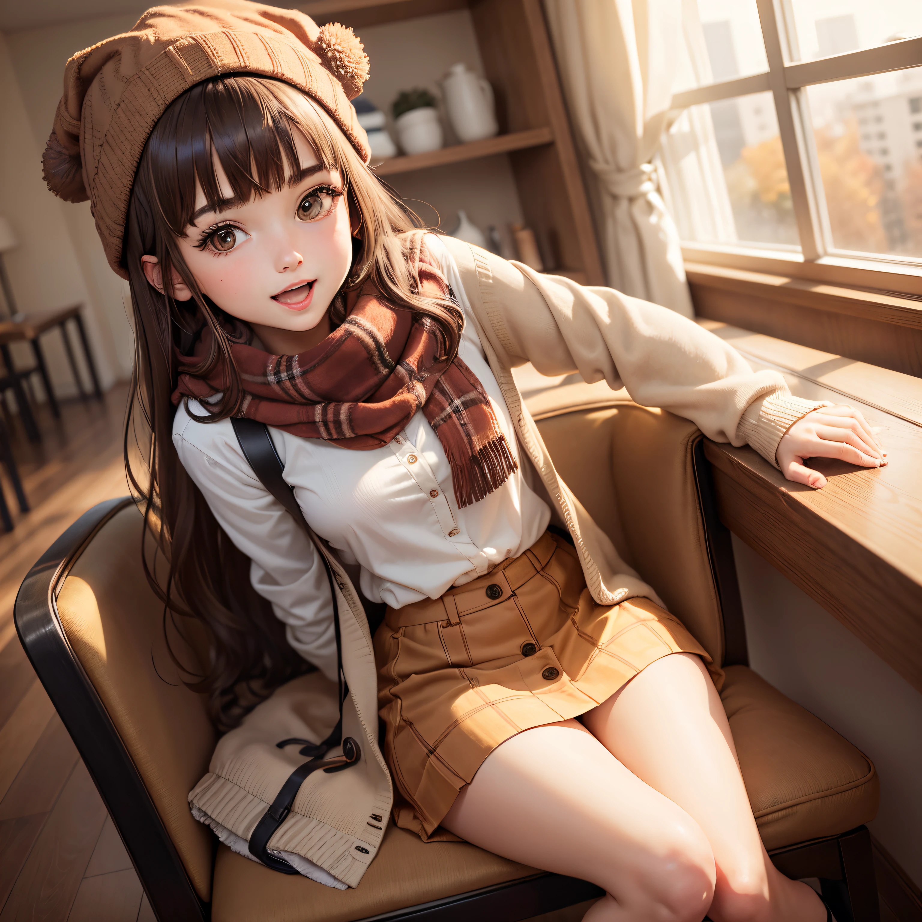 <lora:NeuroTEST:0.4> neuro-sama, 1girl, blush, hair ribbon, hair ornament, ahoge, looking at viewer, heart hair ornament, school uniform, shirt, smile, cardigan, closed mouth, brown cardigan, coffee shop, ambient light,