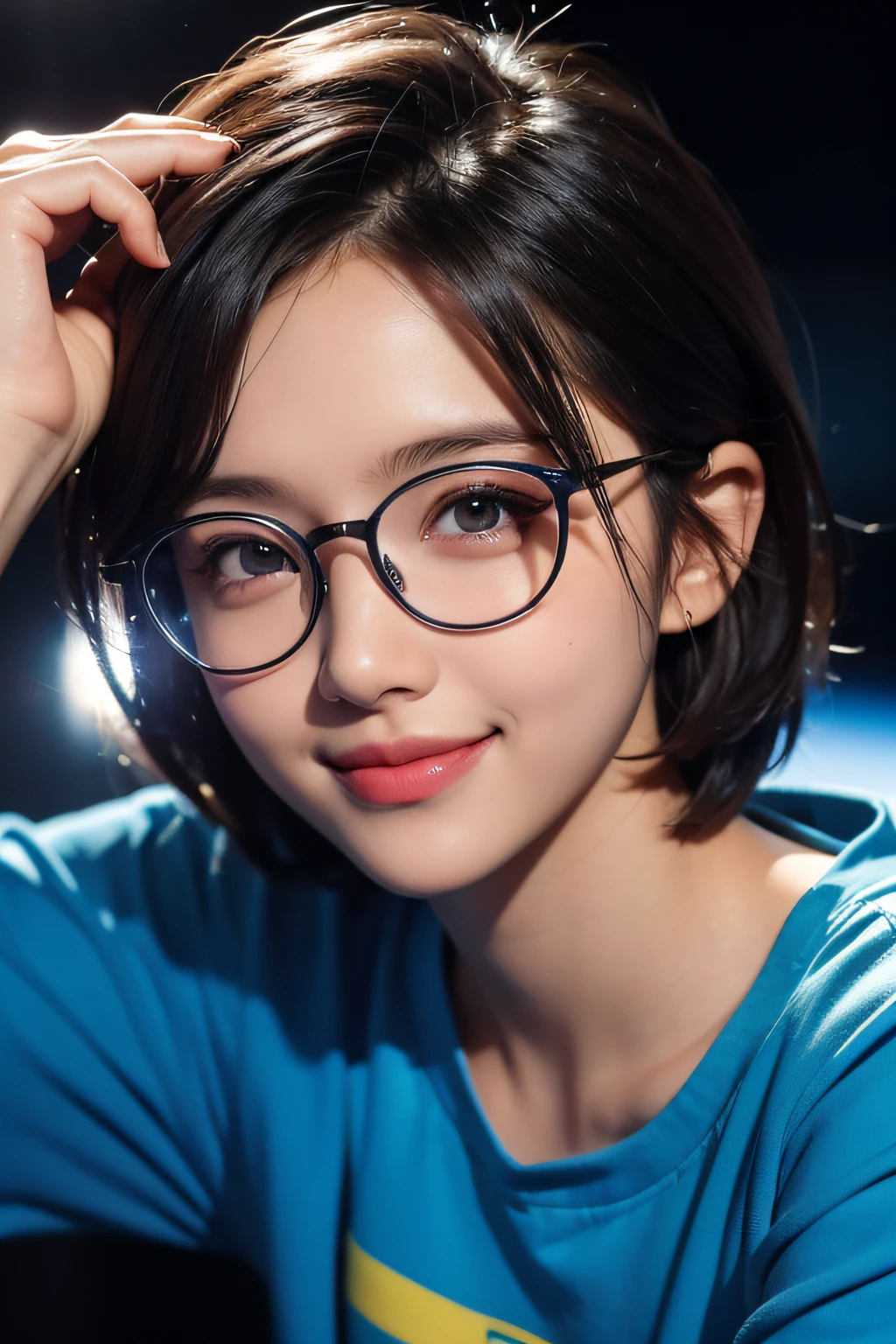 1girl in, Rounded glasses, Big glasses, Smiling, Looking at the camera, Short messy hair, Dark-skinned, rounded eyes, Cyan blue shirt, Black shorts, close up, Magazine shots, Dynamic Pose, Outer space background、