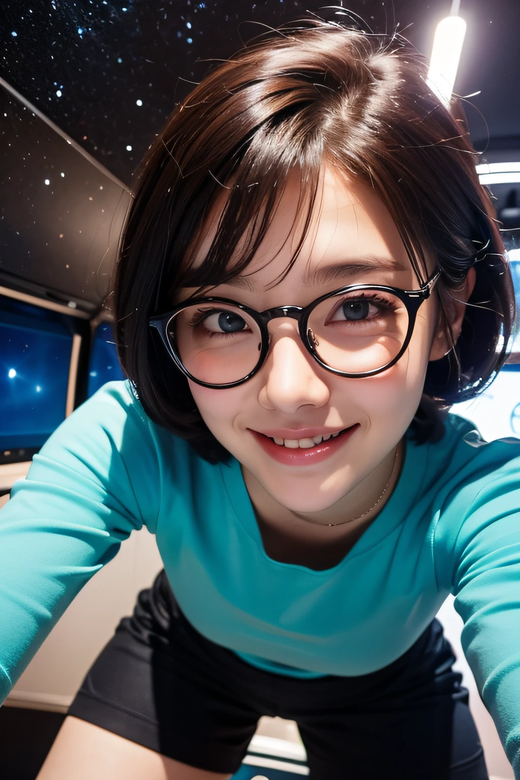 1girl in, Rounded glasses, Big glasses, Smiling, Looking at the camera, Short messy hair, Dark-skinned, rounded eyes, Cyan blue shirt, Black shorts, close up, Magazine shots, Dynamic Pose, Outer space background、