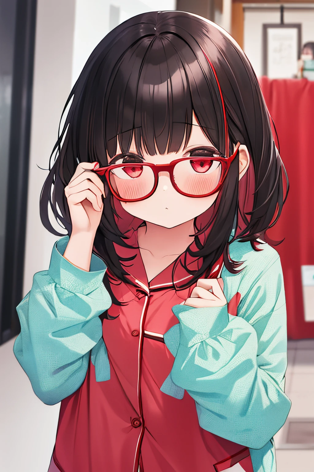 1 girl in、Patsun Bangs、A dark-haired、Red glasses、Mokomoko Pajamas
