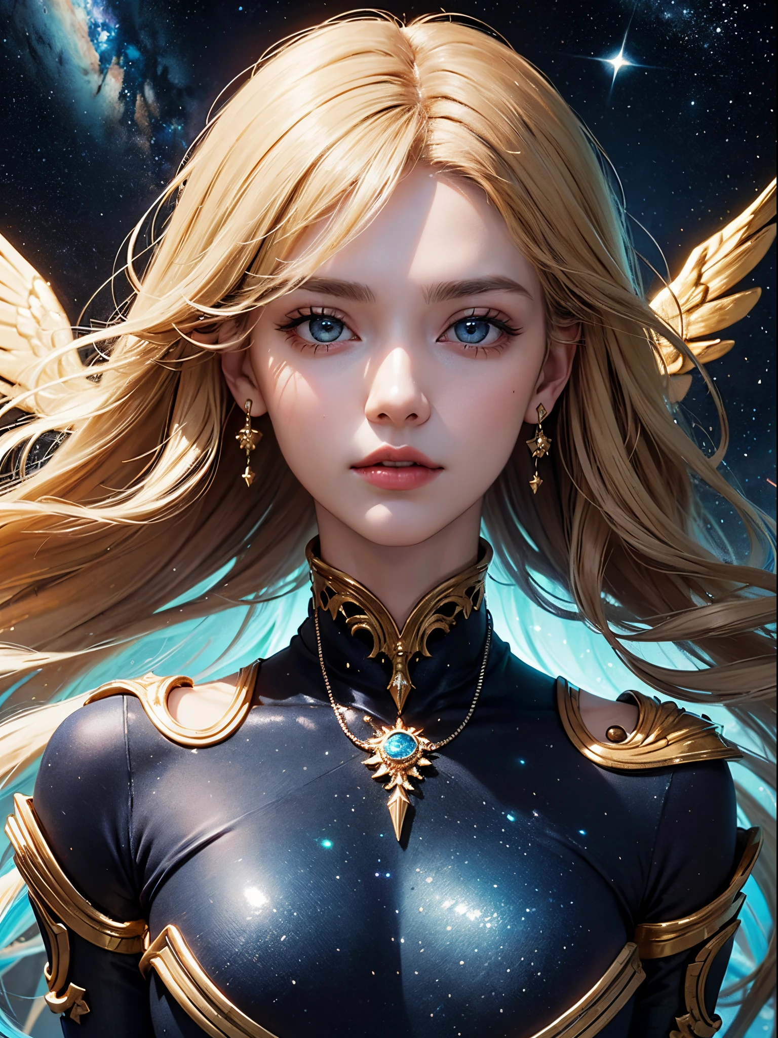 Indigo and platinum tones、​masterpiece、perfect-composition、low angles、top-quality、Official art、Extreme details、Stellar lumen、cosmic space、Milky way、Mysteries of the universe、Silence、Cosmic Light、Well-groomed good looks、Goddess of Wisdom、Inherited intent、Memory of antiquity、sapphire eyes、Long Blonde Hair、Tall and lean、resolute、dignity、age 30s、noble、wear a blue space suit、true、good、pleasing、Intricate details、Oil Painting、Best Quality、the golden ratio