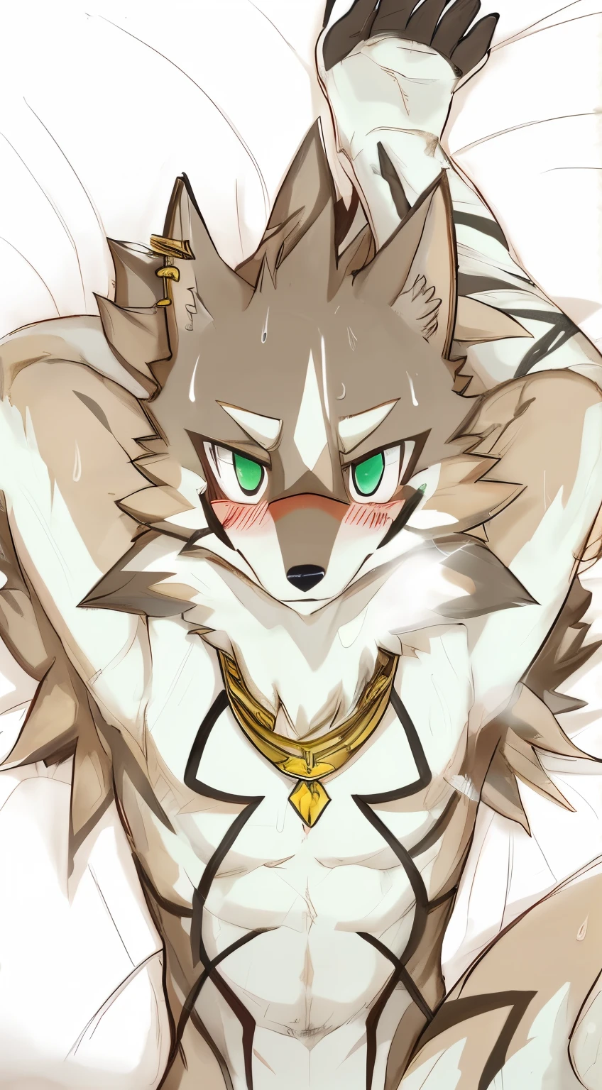 NSFW Works, (Best Definition), Seto (Tokyo After-School Summoners), Seto(Wandering Longing), Seth (it), Seto, Kazuma Koda, coyote, gold necklace, Gold jewelry, Ear piercing, Green Eye, Grey Body, white body, Brown Body, stripes, Striped body, Muscular men, laying in bed, blush, bright muscles, slutty, the sweat, Breath, flirting, shame, puffy, Fluids, It's humid, hot