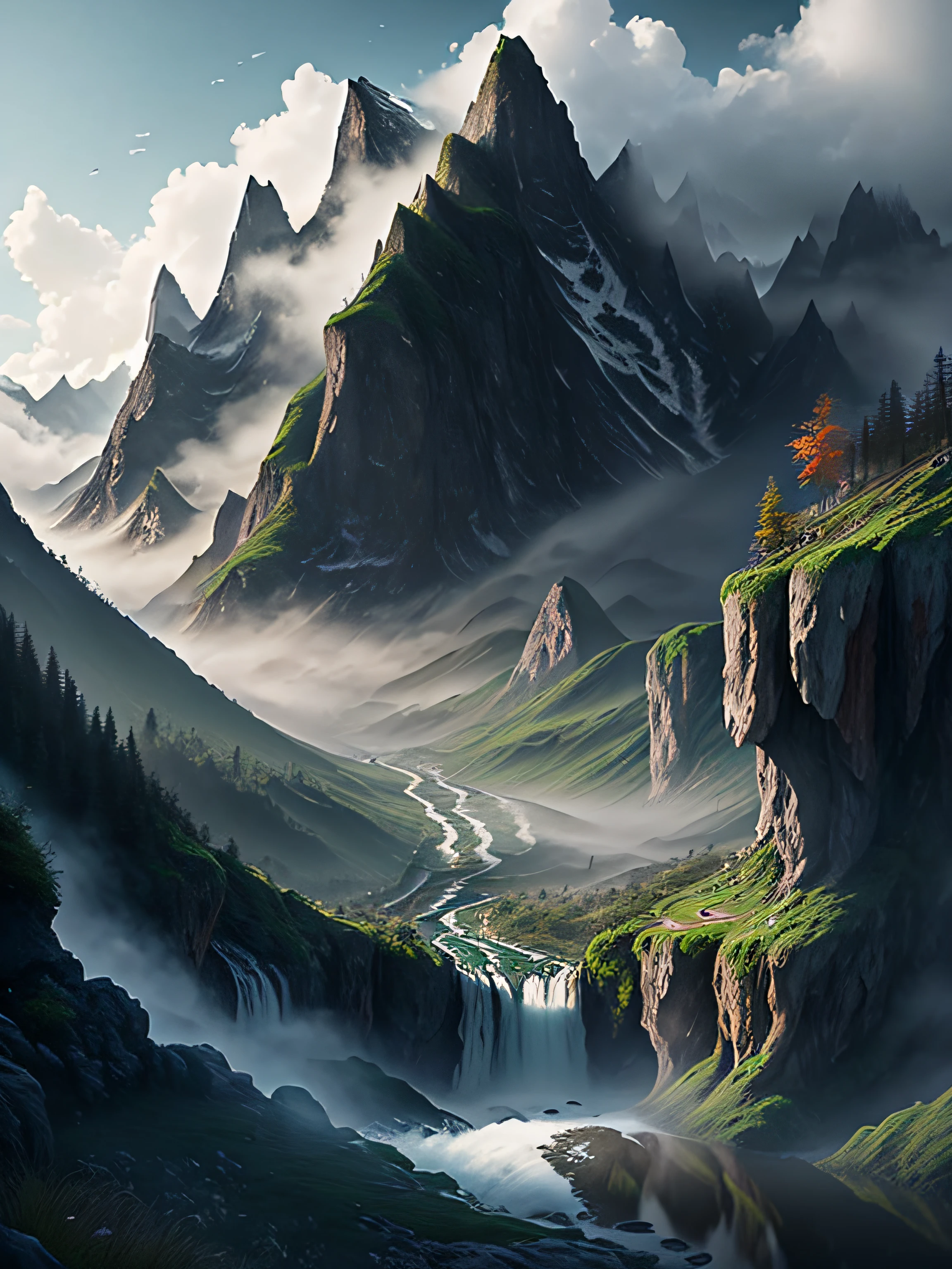 Beautiful scenes，depth of fields，8K，A waterfall cascades down from the top of the mountain，rapidly，Rapidly，water fog，fog atmosphere，There are peaks on both sides，The background plus Zhang Xu’s wild grass，In addition, add the text on the cover &quot;Wild Gains Great Colors&quot;