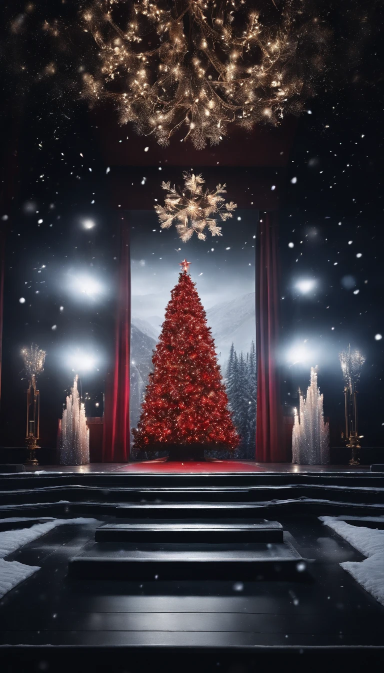 You are inside a pitch black cubic studio.。red carpet is laid out、Shining Christmas tree in the center、There is a large display next to it showing images of snow.、white and fantastic space、illuminations、High quality down to the details、