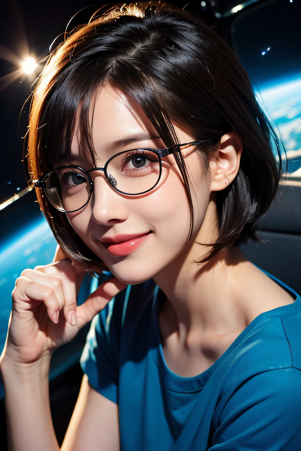 1girl in, Rounded glasses, Big glasses, Smiling, Looking at the camera, Short messy hair, Dark-skinned, rounded eyes, Cyan blue shirt, Black shorts, close up, Magazine shots, Dynamic Pose, Outer space background、