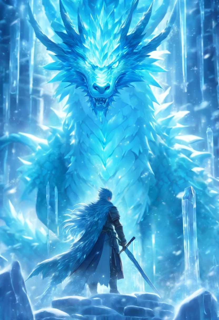 (tmasterpiece), (Best quality at best), Cinematic quality,Rendered by Octane,Ultra-detailed details,(a huge ice dragon。:1.8),There was a man standing in front,(ice crystals in the air:1.5),floating ice crystals,frozen liquid,Icicles,ice axe,staredown, watch audience,