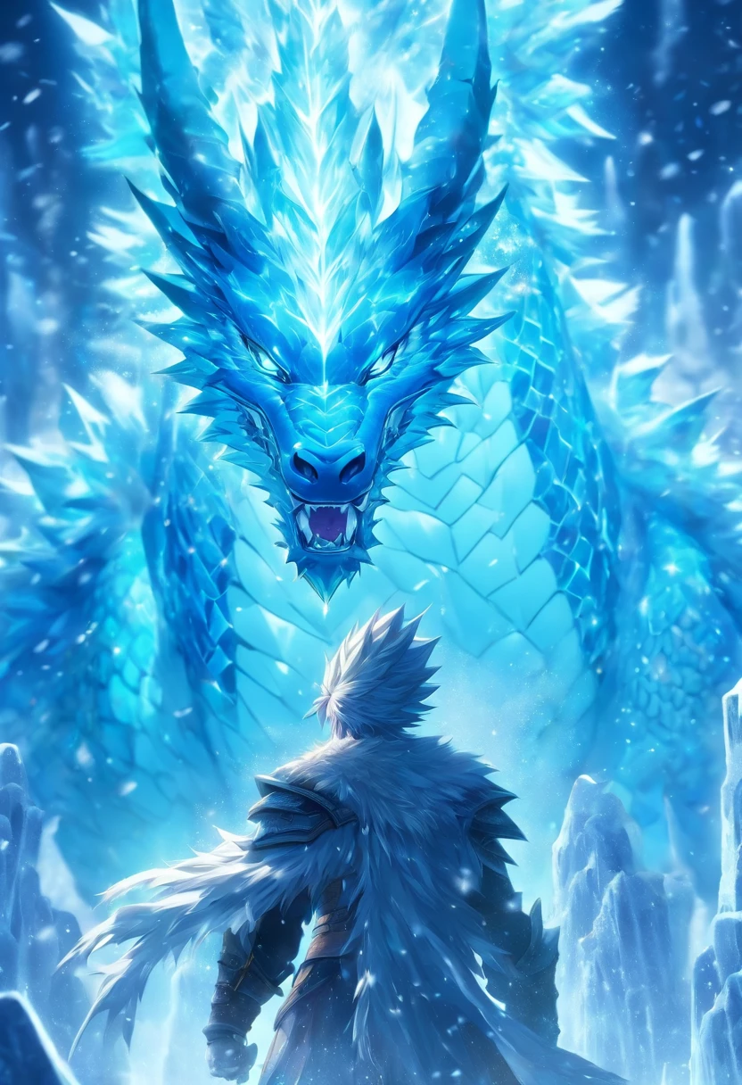 (tmasterpiece), (Best quality at best), Cinematic quality，Rendered by Octane，Ultra-detailed details，（a huge ice dragon。：1.8），There was a man standing in front，(ice crystals in the air:1.5)，floating ice crystals，frozen liquid，Icicles，ice axe，staredown, watch audience,