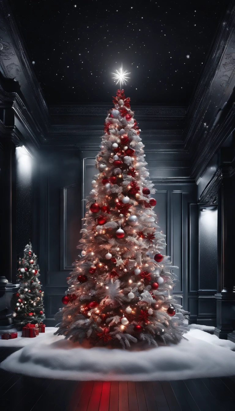 You are inside a pitch black cubic studio.。red carpet is laid out、Shining Christmas tree in the center、There is a large display next to it showing images of snow.、white and fantastic space、illuminations、High quality down to the details、