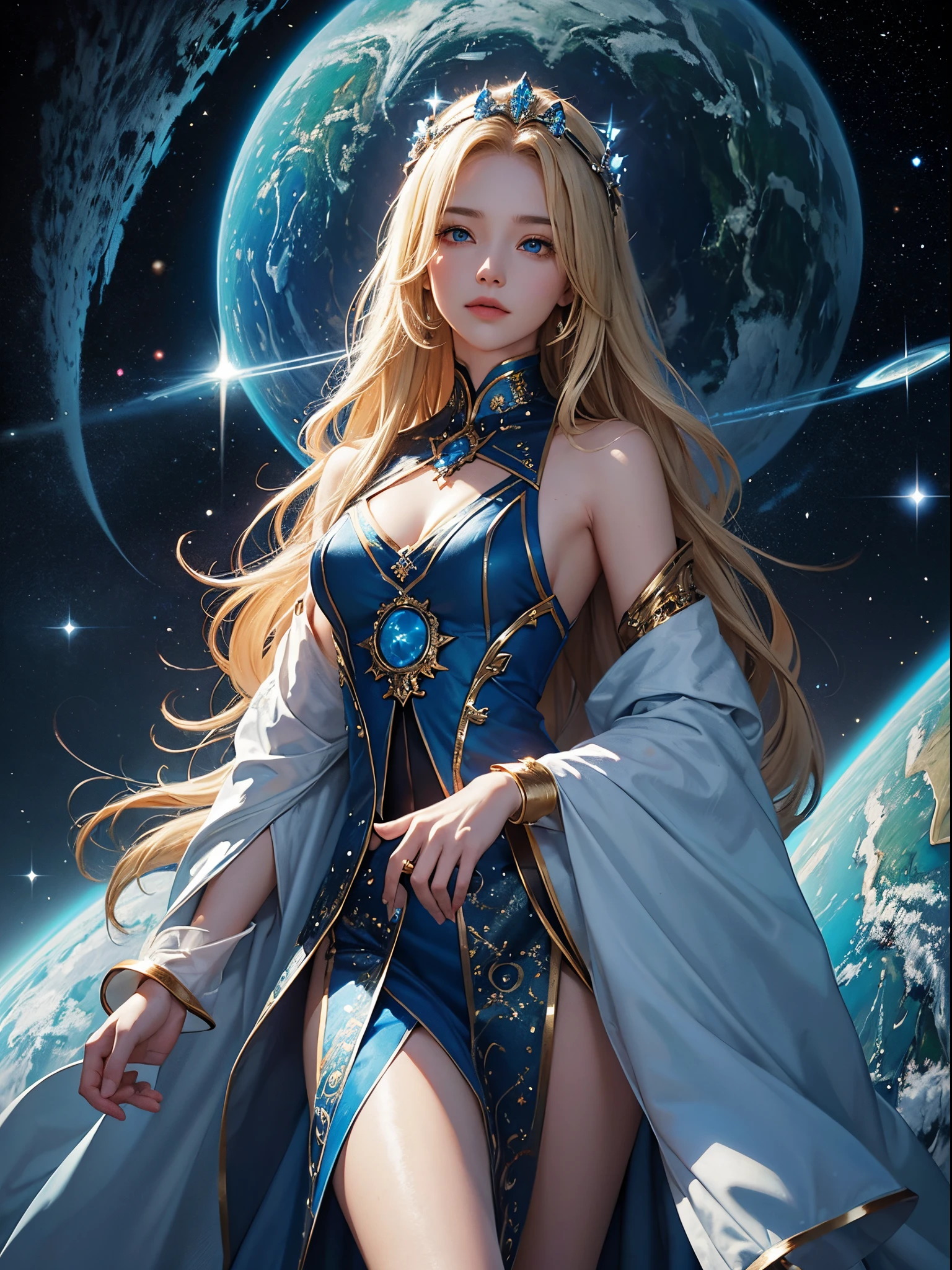 Blue Tone、​masterpiece、perfect-composition、low angles、top-quality、Official art、Extreme details、Stellar lumen、cosmic space、Milky way、Mysteries of the universe、Silence、Cosmic Light、Well-groomed good looks、Goddess of Wisdom、Inherited intent、Memory of antiquity、sapphire eyes、Long Blonde Hair、Tall and lean、resolute、dignity、age 30s、noble、wear a blue space suit、true、good、pleasing、Intricate details、Oil Painting、Best Quality、the golden ratio